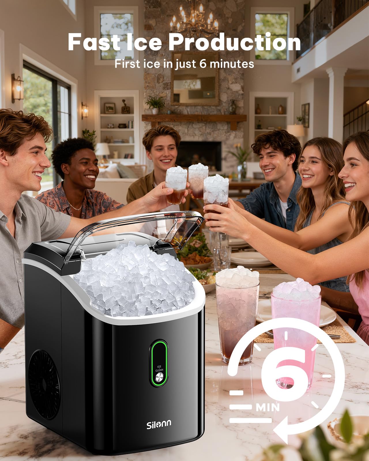 Silonn Nugget Ice Maker Countertop, Pellet Ice Machine with Self-Cleaning Function, Sonic Ice Maker Produces 36lbs of Chewable Ice in 24 Hours, Ideal for Home Kitchen and Office (Black)