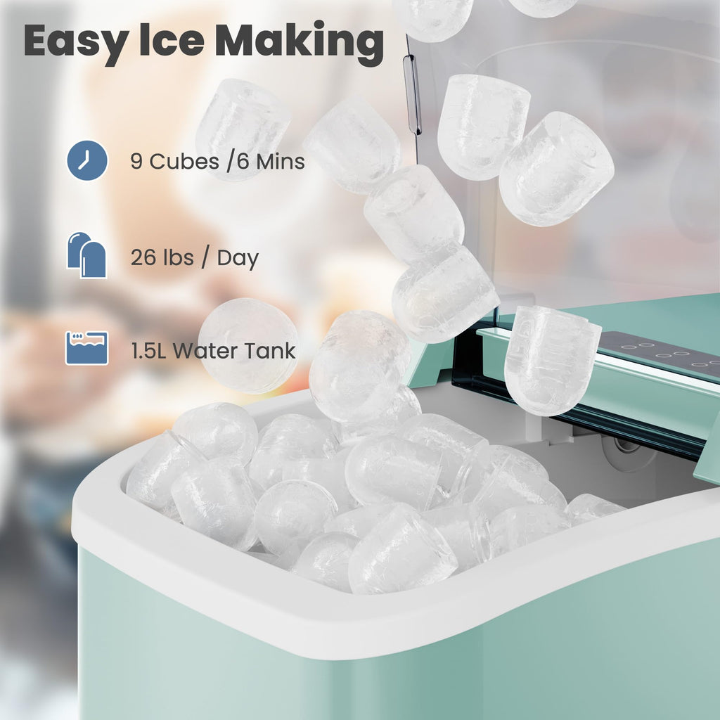 DUMOS Countertop Ice Maker with Handle, 26lbs/24H Portable Ice Machine | 9 Bullet Cubes Ready in 6 Mins, Self-Cleaning, Quiet Compact for Home, Kitchen, RV, Camping, Bright Black