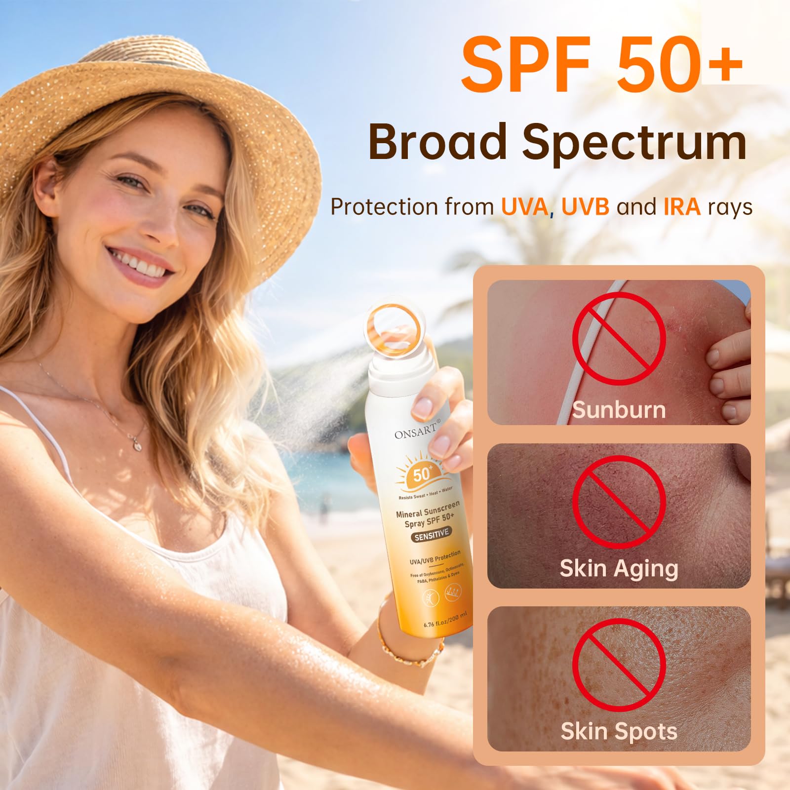 Mineral Sunscreen Spray SPF 50+, Reef Safe, Zinc Oxide Sunscreen, Broad Spectrum UVA/UVB, 360° Ring Spray, Water Resistant 80 Minutes, Lightweight Non-Greasy, 6.76 fl Oz (Pack of 2)