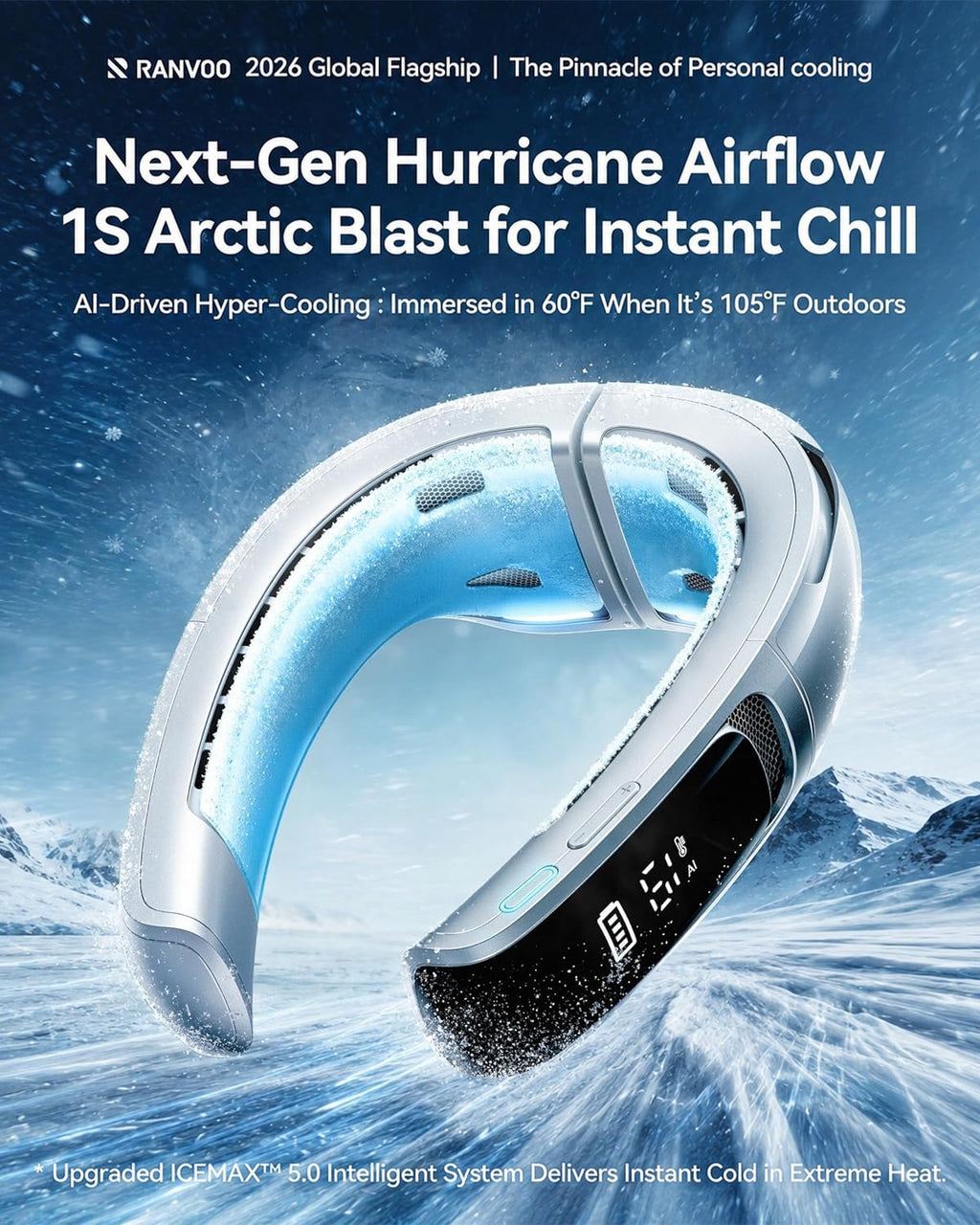 RANVOO AICE LITE MAX 2026 Real AC Cold Blast [No.1 Coolest & Most Durable] AI Neck Air Conditioner, Best Immersive Neck Cooler, 6000 mAh Rechargeable Neck Fan Blow Cold Air, Summer Gifts for Mom White