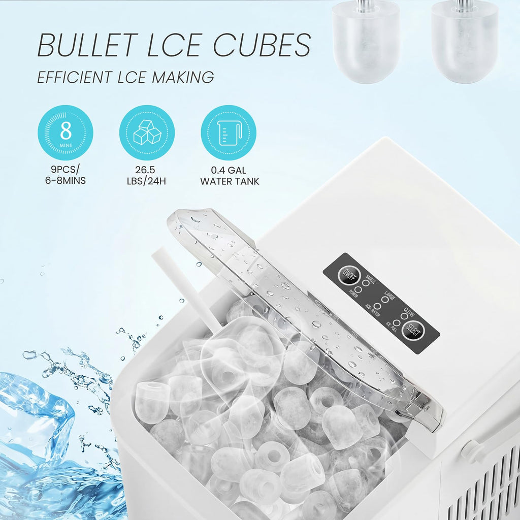 Ice Makers Countertop, Portable Ice Machine with Handle, 6 Mins 9 Bullet Cubes with Basket and Scoop, 26lbs in 24Hrs, Auto-Cleaning, for Home, Kitchen, RV, Camping, Green
