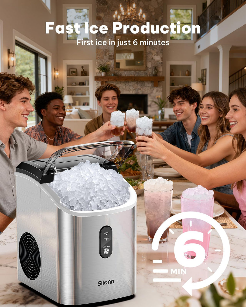 Silonn Nugget Ice Maker Countertop, Pellet Ice Machine with Self-Cleaning Function, Sonic Ice Maker Produces 36lbs of Chewable Ice in 24 Hours, Ideal for Home Kitchen and Office (Black)