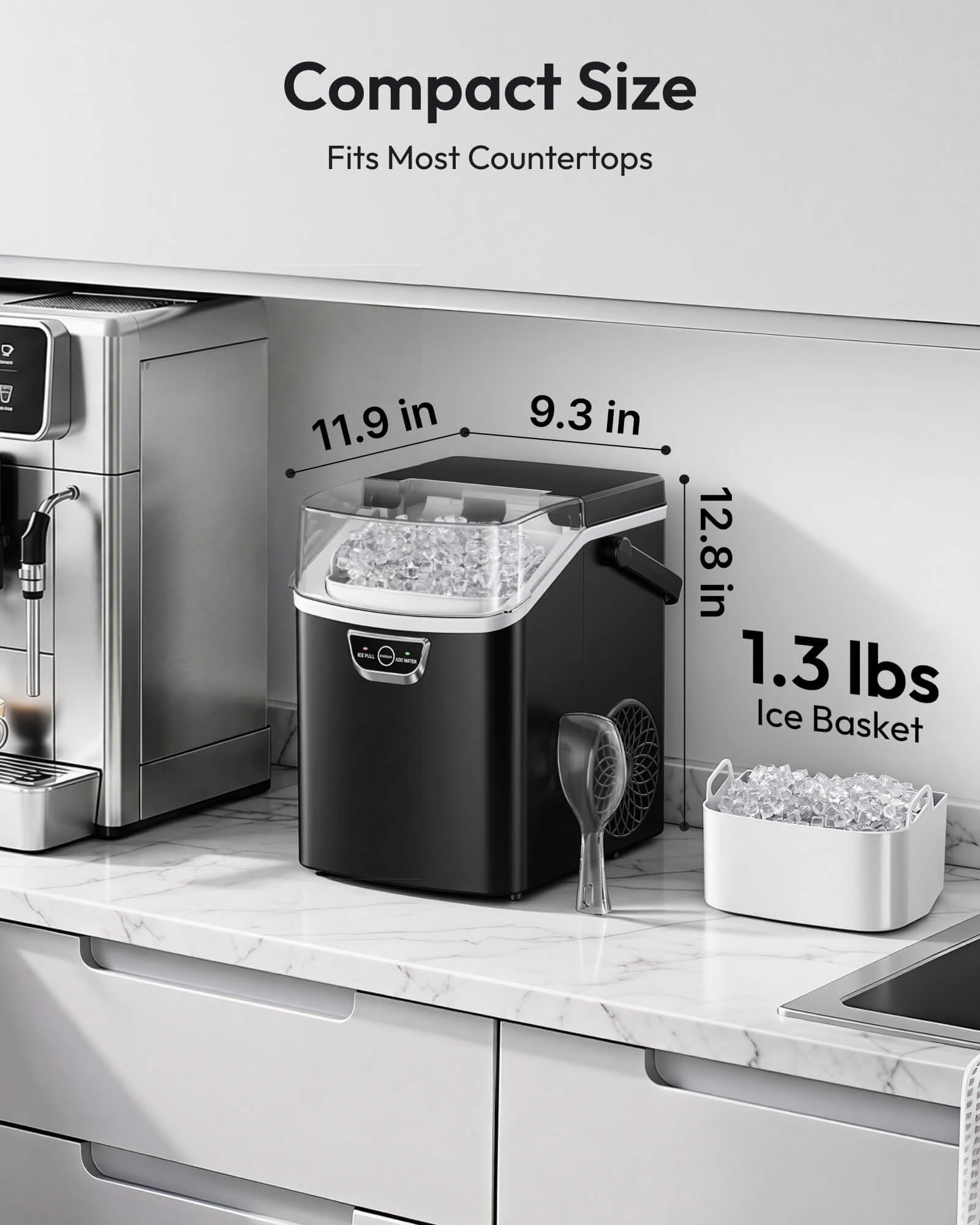 EUHOMY Nugget Ice Maker Countertop with Handle, Ready in 4 Mins, Max 40lbs/24H, Chewable Ice, Self-Cleaning, Portable Sonic Ice Maker with Basket and Scoop, for Home/Party/RV/Camping (Black)