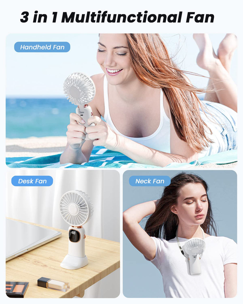 coldSky Portable Handheld Fan, 4000mAh Battery Operated with LED Display, Handheld/Neck/Desk 3 in 1 Personal Small Fan, 90° Foldable Desk Fan with Base, 5 Speed Lash Makeup Fan for Women