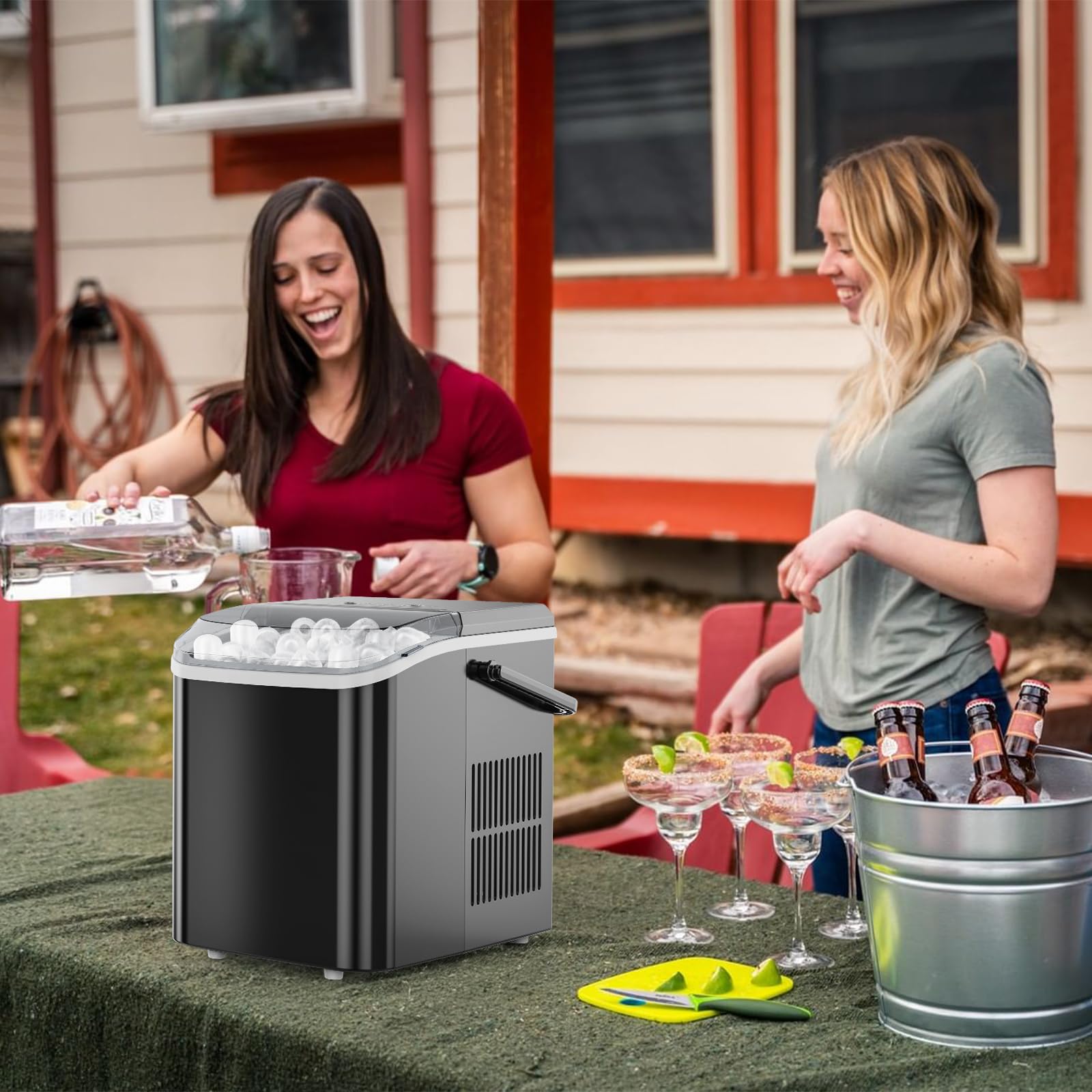 Ice Makers Countertop, Portable Ice Machine with Handle, 6 Mins 9 Bullet Cubes with Basket and Scoop, 26lbs in 24Hrs, Auto-Cleaning, for Home, Kitchen, RV, Camping, Green