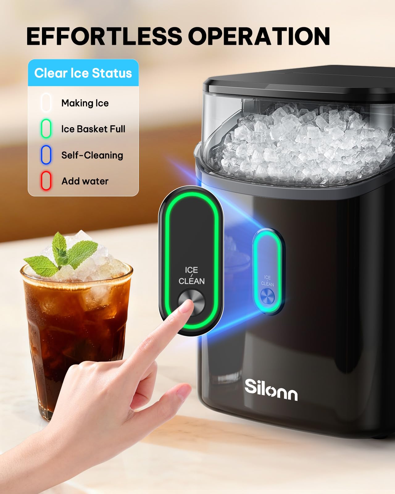 Silonn Nugget Ice Maker Countertop, Pellet Ice Machine with Self-Cleaning Function, Sonic Ice Maker Produces 36lbs of Chewable Ice in 24 Hours, Ideal for Home Kitchen and Office (Black)