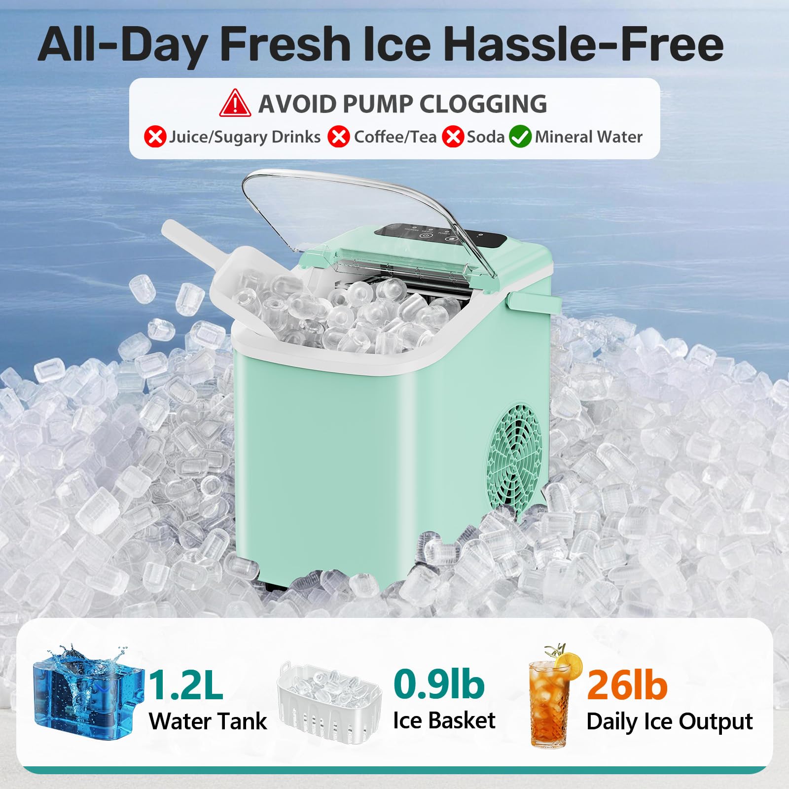 OLIXIS Countertop Ice Maker with Self-Cleaning, Portable Ice Maker Machine with Scoop, 26Lbs/24H, 9 Cubes in 6 Mins, 2 Sizes of Bullet for Home, Kitchen, Office, White