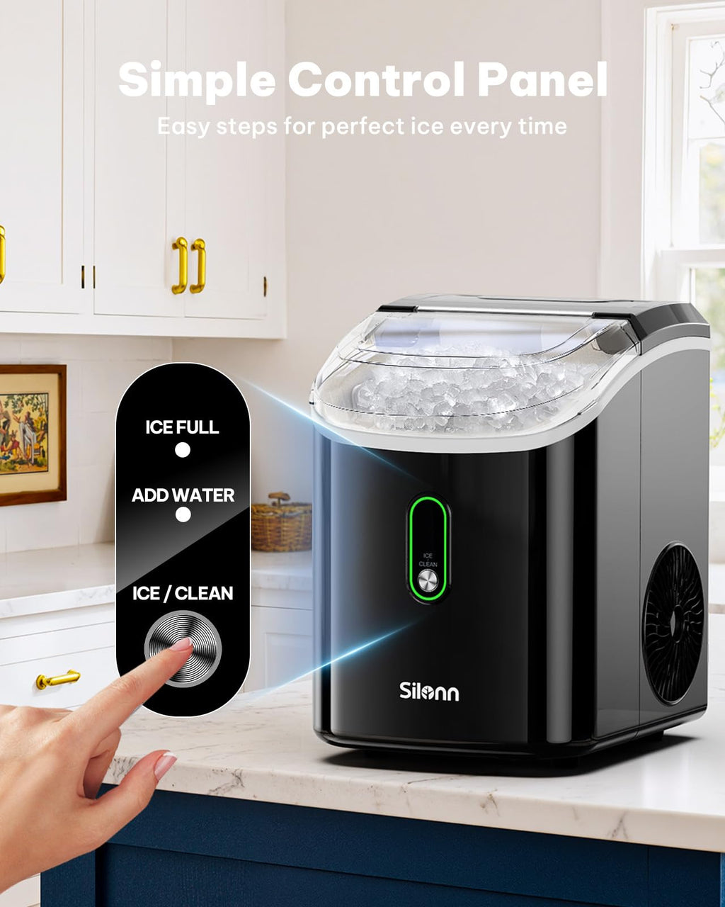 Silonn Nugget Ice Maker Countertop, Pellet Ice Machine with Self-Cleaning Function, Sonic Ice Maker Produces 36lbs of Chewable Ice in 24 Hours, Ideal for Home Kitchen and Office (Black)