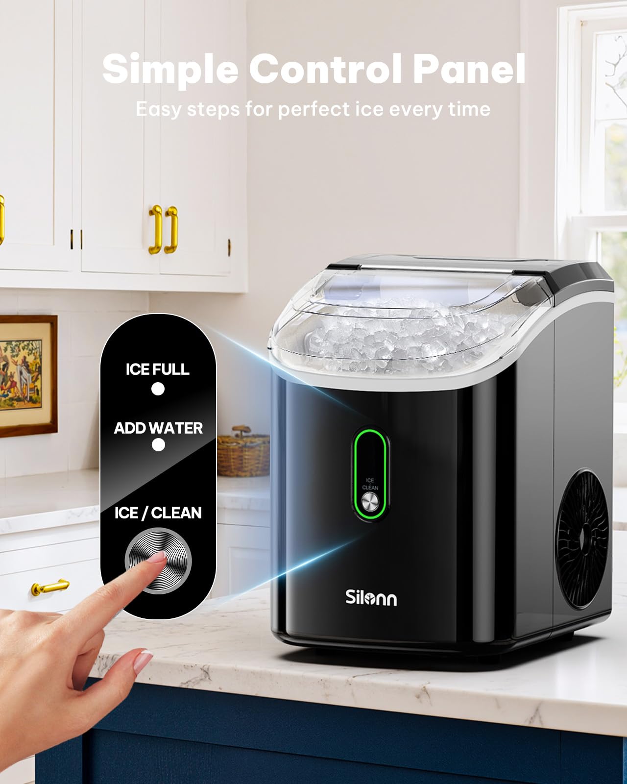 Silonn Nugget Ice Maker Countertop, Pellet Ice Machine with Self-Cleaning Function, Sonic Ice Maker Produces 36lbs of Chewable Ice in 24 Hours, Ideal for Home Kitchen and Office (Black)
