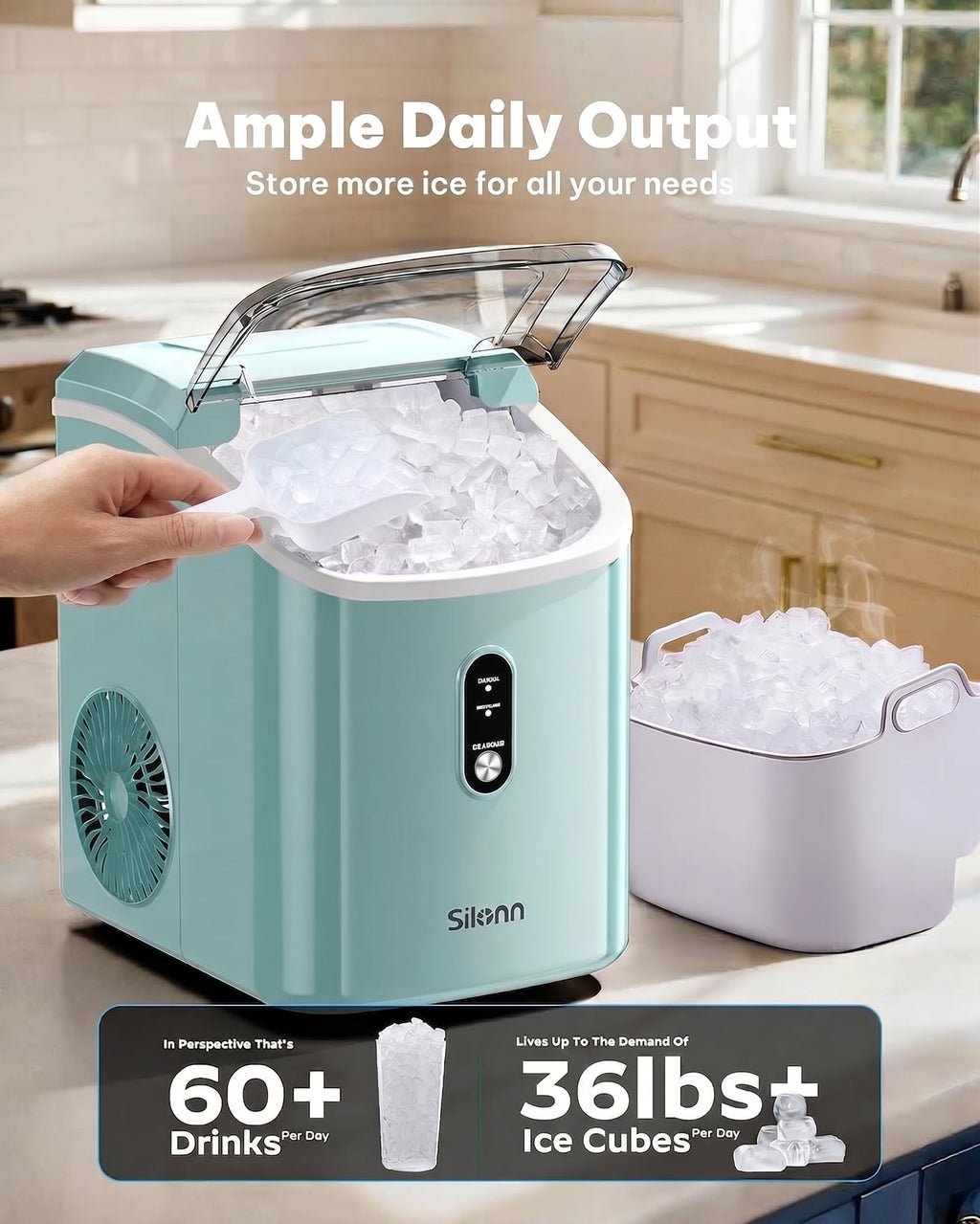 Silonn Nugget Ice Maker Countertop, Pellet Ice Machine with Self-Cleaning Function, Sonic Ice Maker Produces 36lbs of Chewable Ice in 24 Hours, Ideal for Home Kitchen and Office (Black)