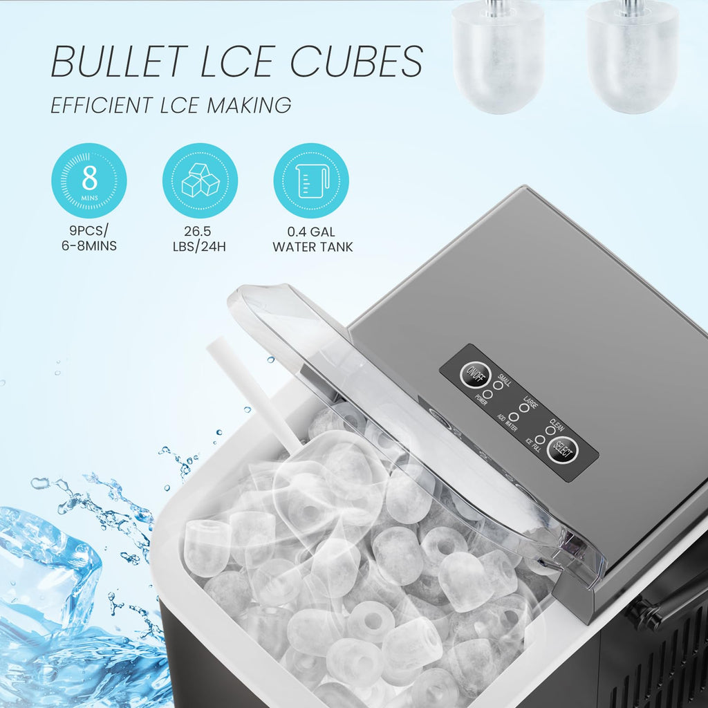 Ice Makers Countertop, Portable Ice Machine with Handle, 6 Mins 9 Bullet Cubes with Basket and Scoop, 26lbs in 24Hrs, Auto-Cleaning, for Home, Kitchen, RV, Camping, Green