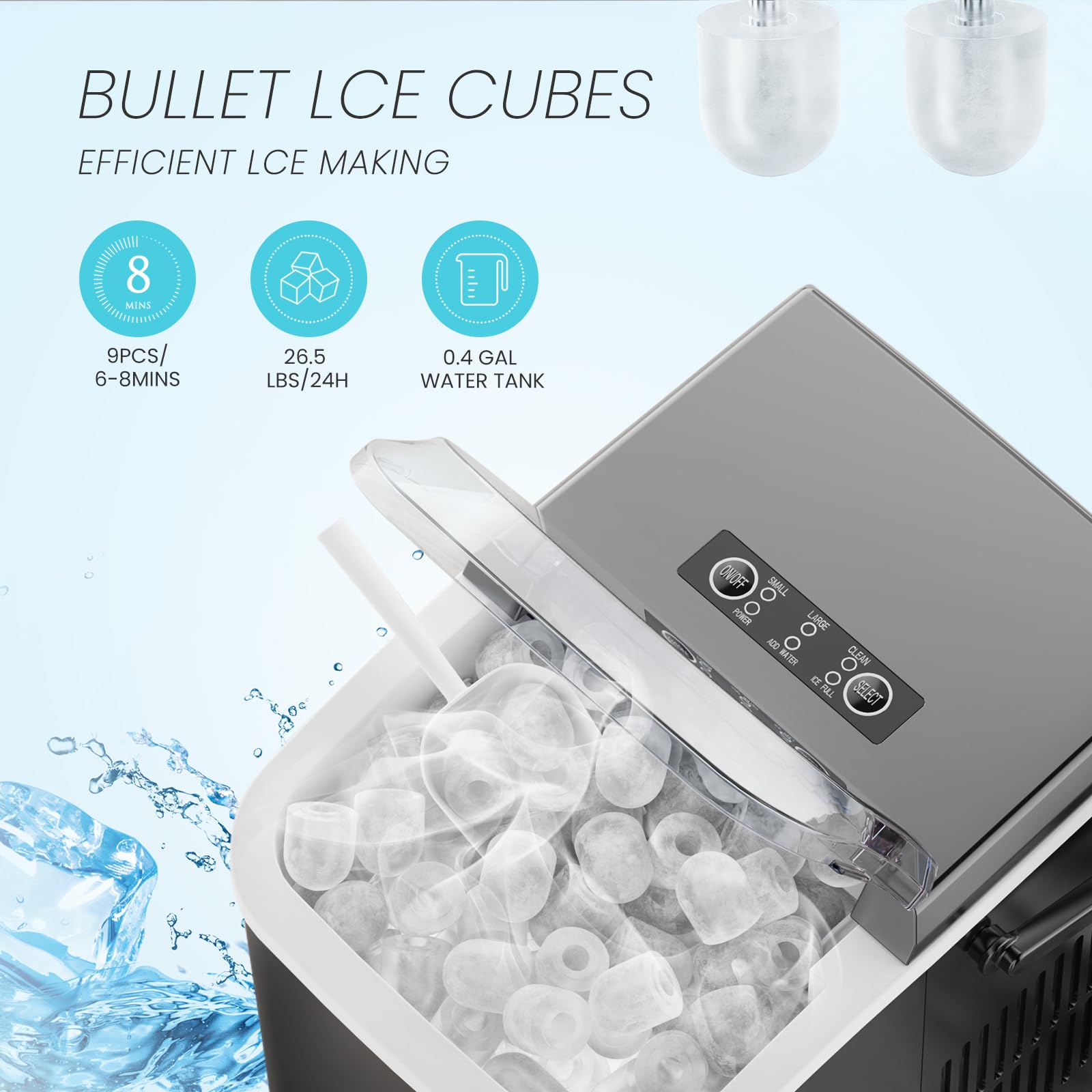 Ice Makers Countertop, Portable Ice Machine with Handle, 6 Mins 9 Bullet Cubes with Basket and Scoop, 26lbs in 24Hrs, Auto-Cleaning, for Home, Kitchen, RV, Camping, Green