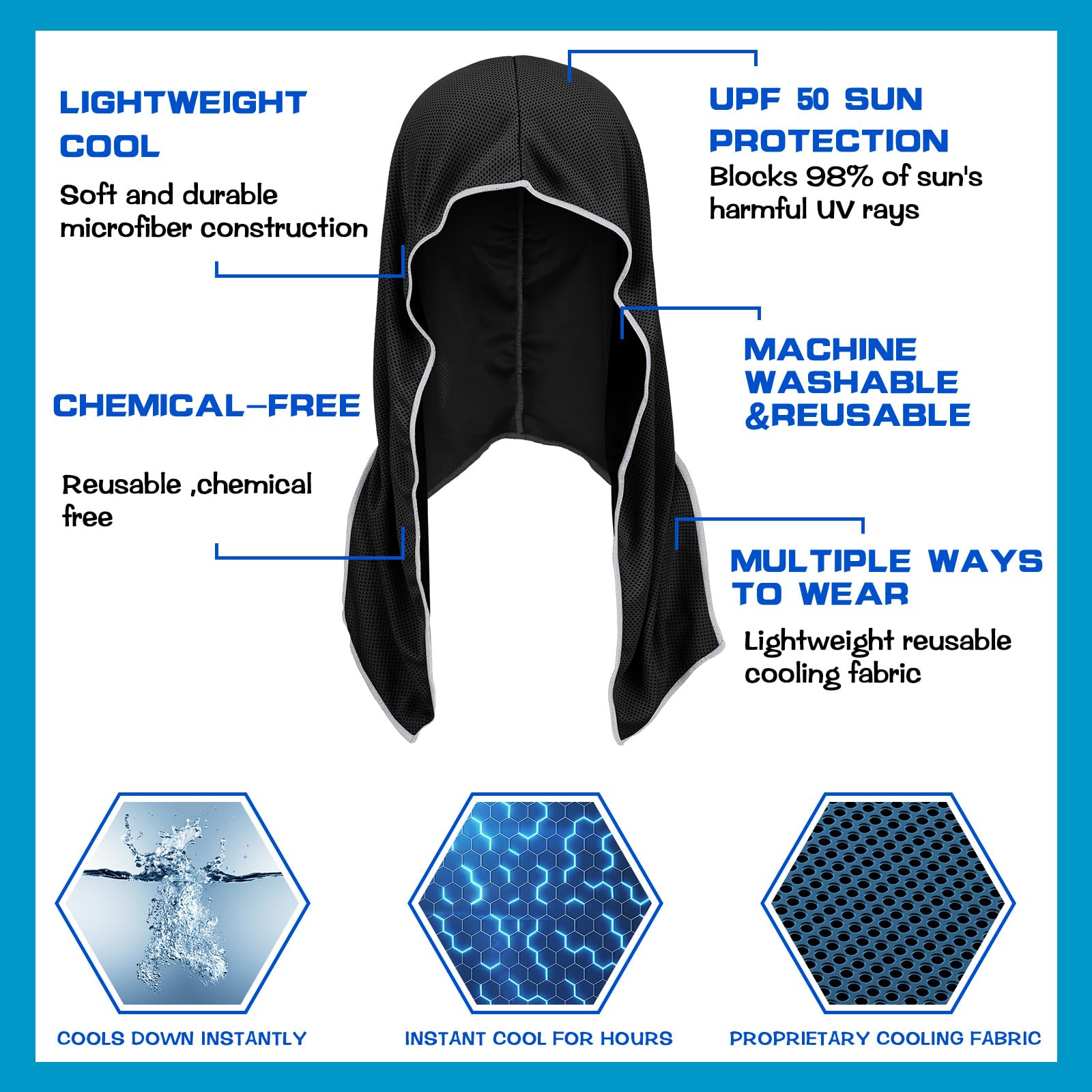 Bencailor 4 Pack Cooling Hoodie Towels Cooling Towels for Neck and Face Head Wrap UPF 50 UV Sun Protection for Sport Workout Camping(Black and Gray,Classic Style)