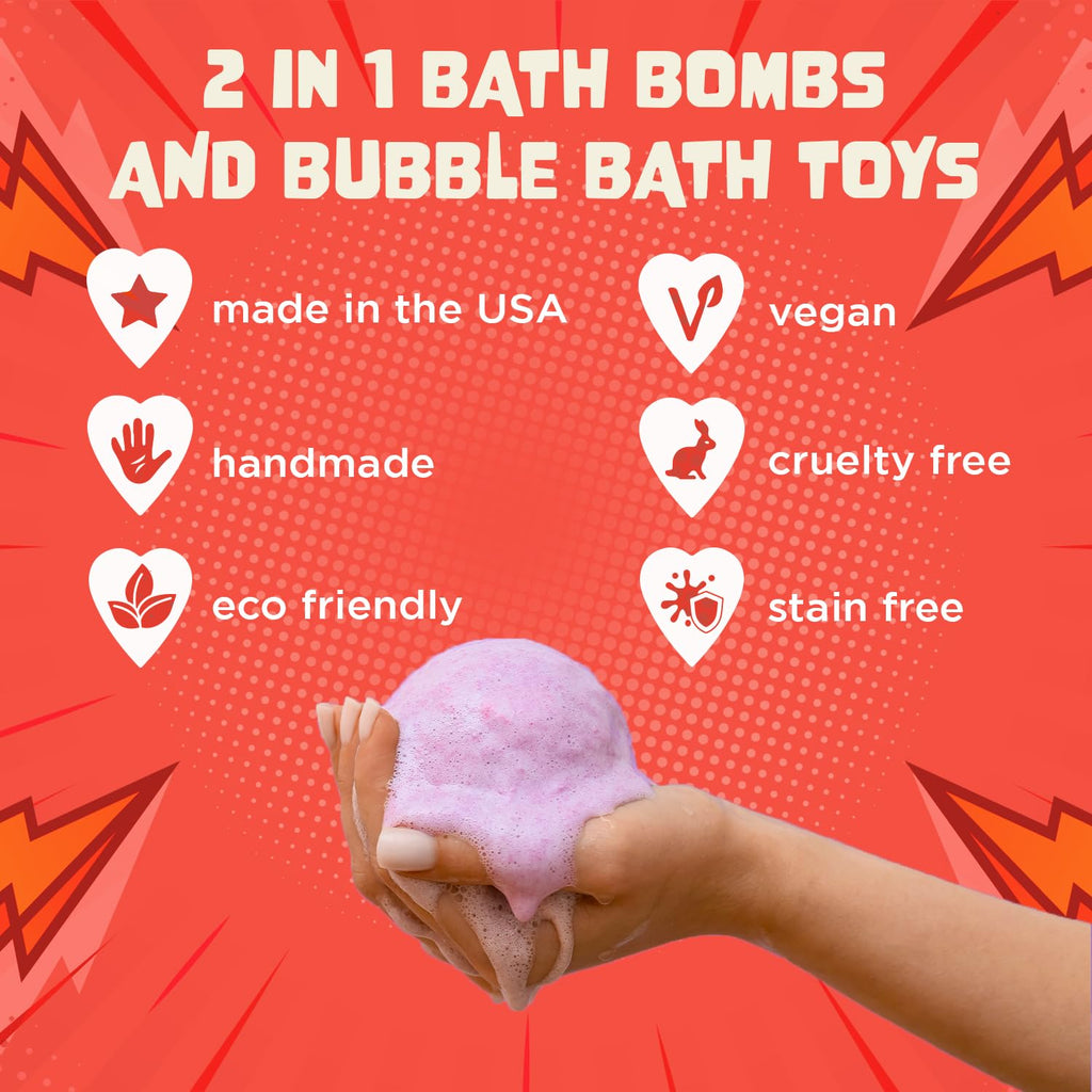 Superhero Bath Bombs for Kids & Boys with Surprise Hero Toys Inside (1 Pack) - Large Bubble Bath Bombs for Boys & Girls - Birthday Gift & Goodie Bags for Kids - Fruity Scent, USA Made by Two Sisters