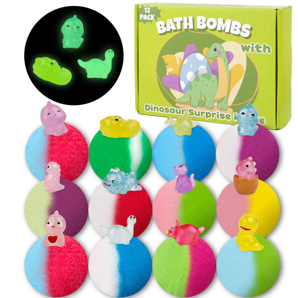 Bath Bombs for Kids, 12 Pcs Bath Bombs with Glow in The Dark Dinosura Surprise Inside, Handmade Organic Bubble Bath Ball Gift Set for Boys and Girls, Gift for Birthday Christmas Easter