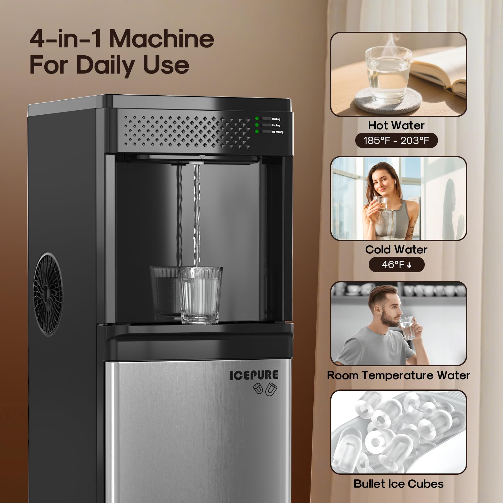 ICEPURE 3-in-1 Water Dispenser with Built-in Ice Maker, Water Cooler Dispenser for 5 Gallon Bottle Top Loading, Hot and Cold Water Dispenser with Child Lock for Home and Office, 33lbs/24H