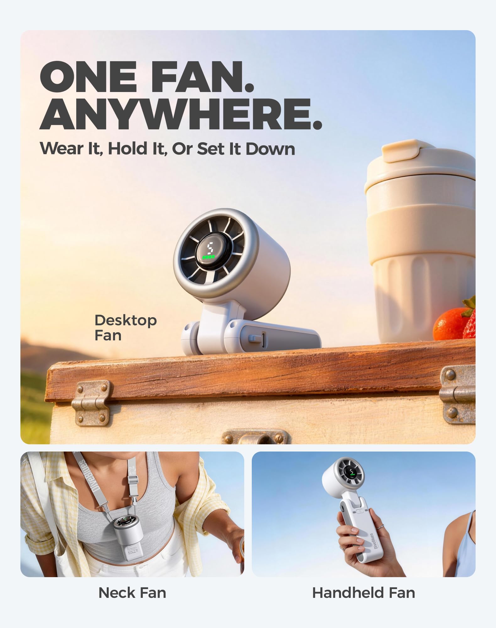 Diveblues Portable Handheld Turbo Fan | 3 IN 1 Hand/Neck/Desk Fan, Up to 12 Working Hours, 5 Gear Wind, Battery Operated, Travel, Working, Outdoor Activities