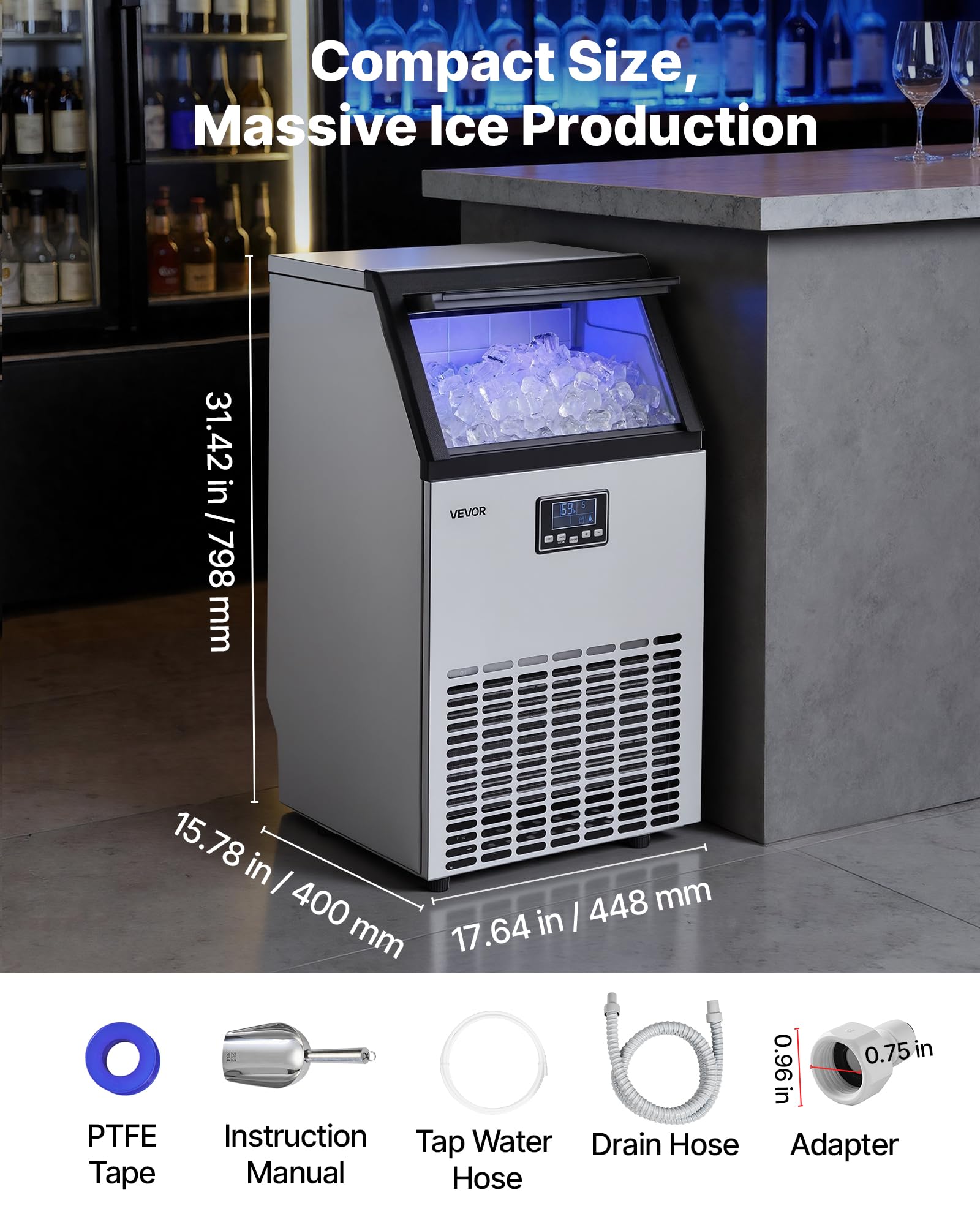 VEVOR Commercial Ice Maker Machine, 80 lbs/24h with 13 lbs Storage Capacity, Countertop/Freestanding/Under Counter, Stainless Steel Ice Maker with LED Display & Self-Cleaning, for Home Bar Restaurant
