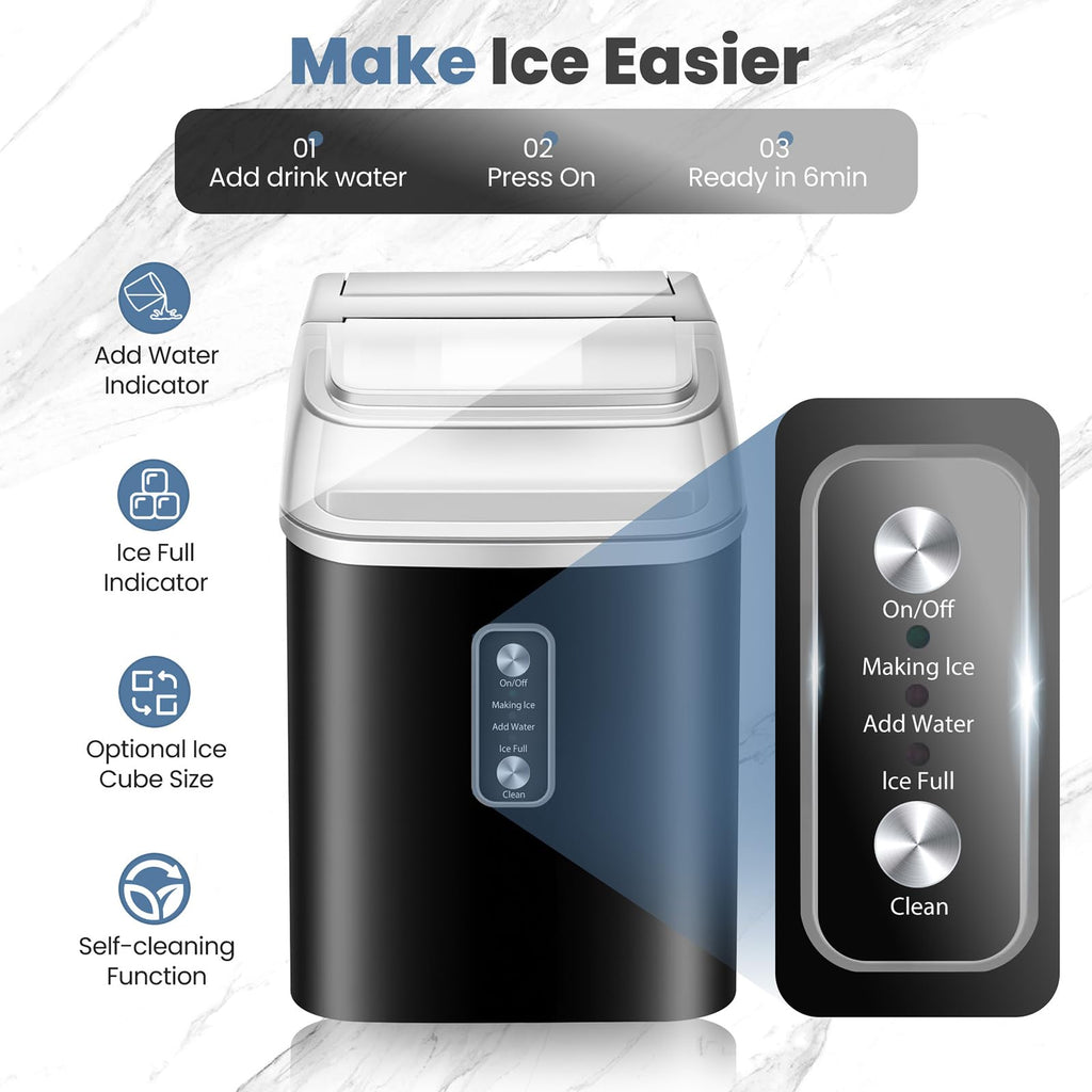 DUMOS Countertop Ice Maker with Handle, 26lbs/24H Portable Ice Machine | 9 Bullet Cubes Ready in 6 Mins, Self-Cleaning, Quiet Compact for Home, Kitchen, RV, Camping, Bright Black