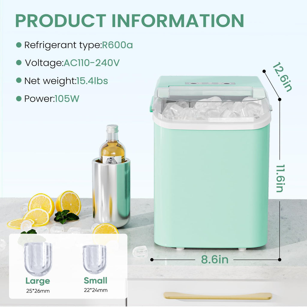 Ice Makers Countertop, Portable Ice Machine with Handle, 6 Mins 9 Bullet Cubes with Basket and Scoop, 26lbs in 24Hrs, Auto-Cleaning, for Home, Kitchen, RV, Camping, Green
