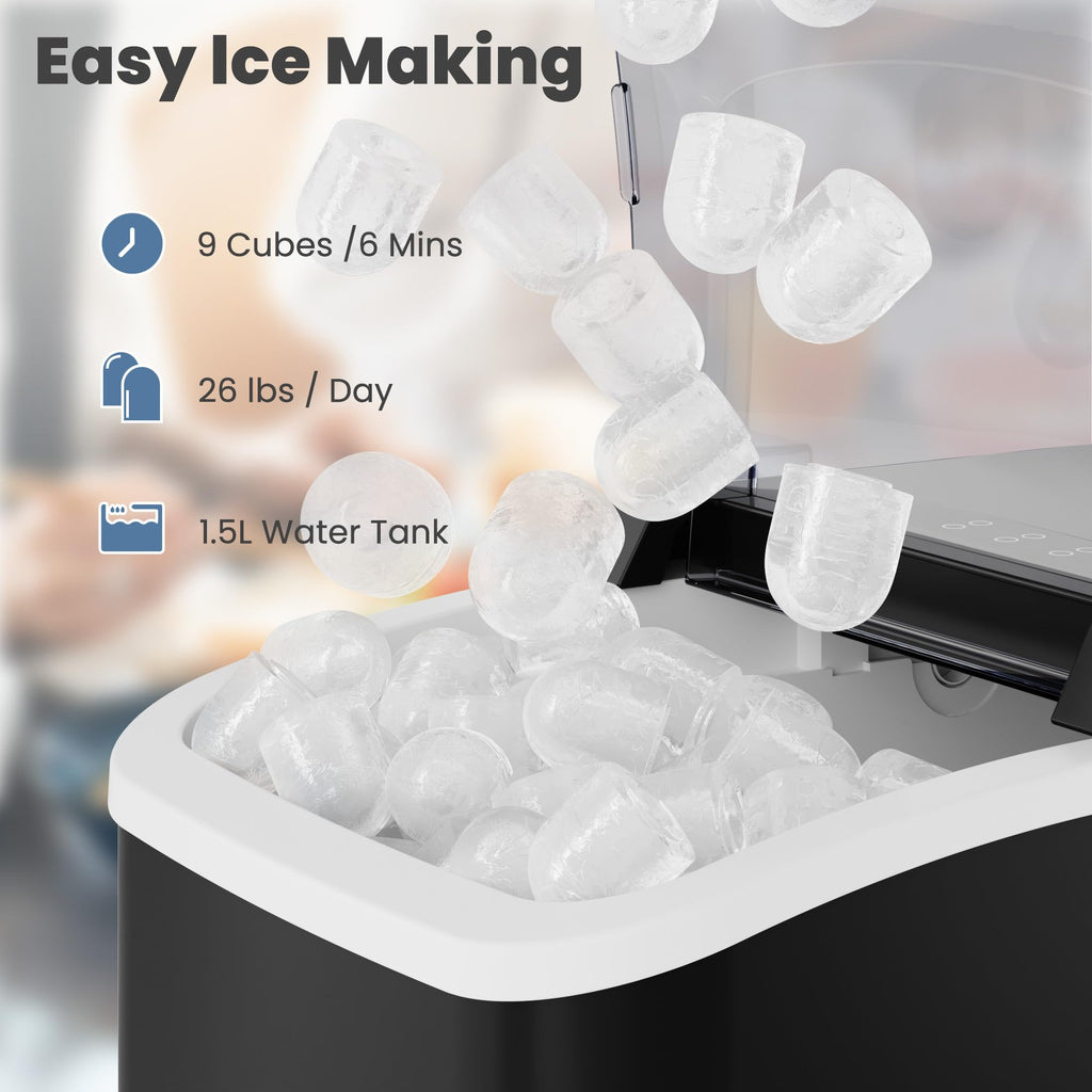 DUMOS Countertop Ice Maker with Handle, 26lbs/24H Portable Ice Machine, 9 Bullet Cubes Ready in 6 Mins, Self-Cleaning, Quiet Compact for Home, Kitchen, RV, Camping, Modern Black