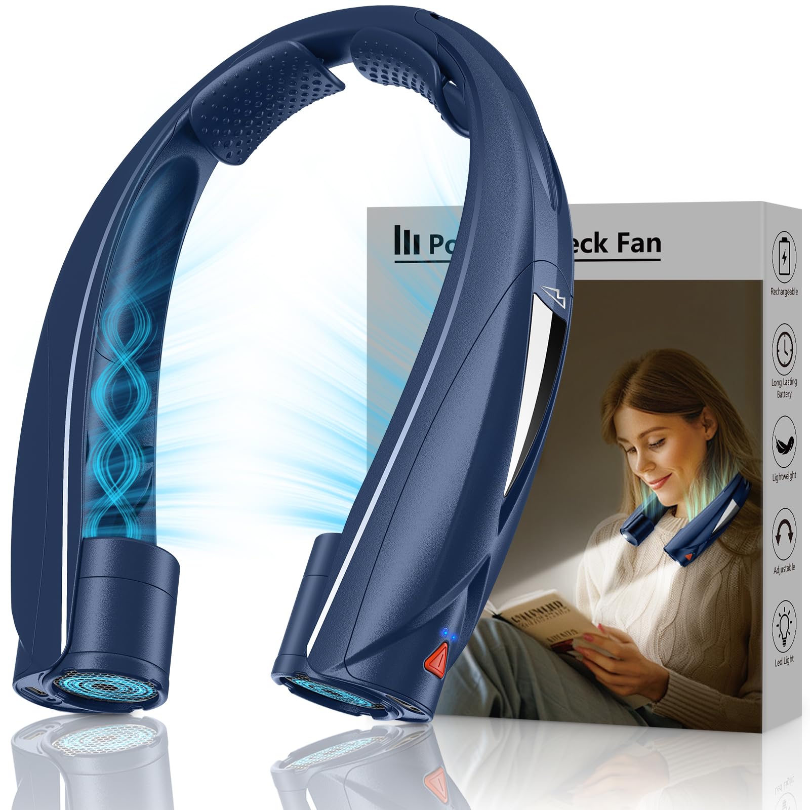 Laimiod Neck Fan - Portable Neck Fan with LED Book Light, 6-20h Long Battery Life, 6 Speeds Adjustable, USB-C Rechargeable, Hands-Free Wearable Fan, Cooling Personal Fan Gifts for Men Women Dad Mom | Comfortable Silicone Made, 6-20 Hours Long Lasting, 6 A