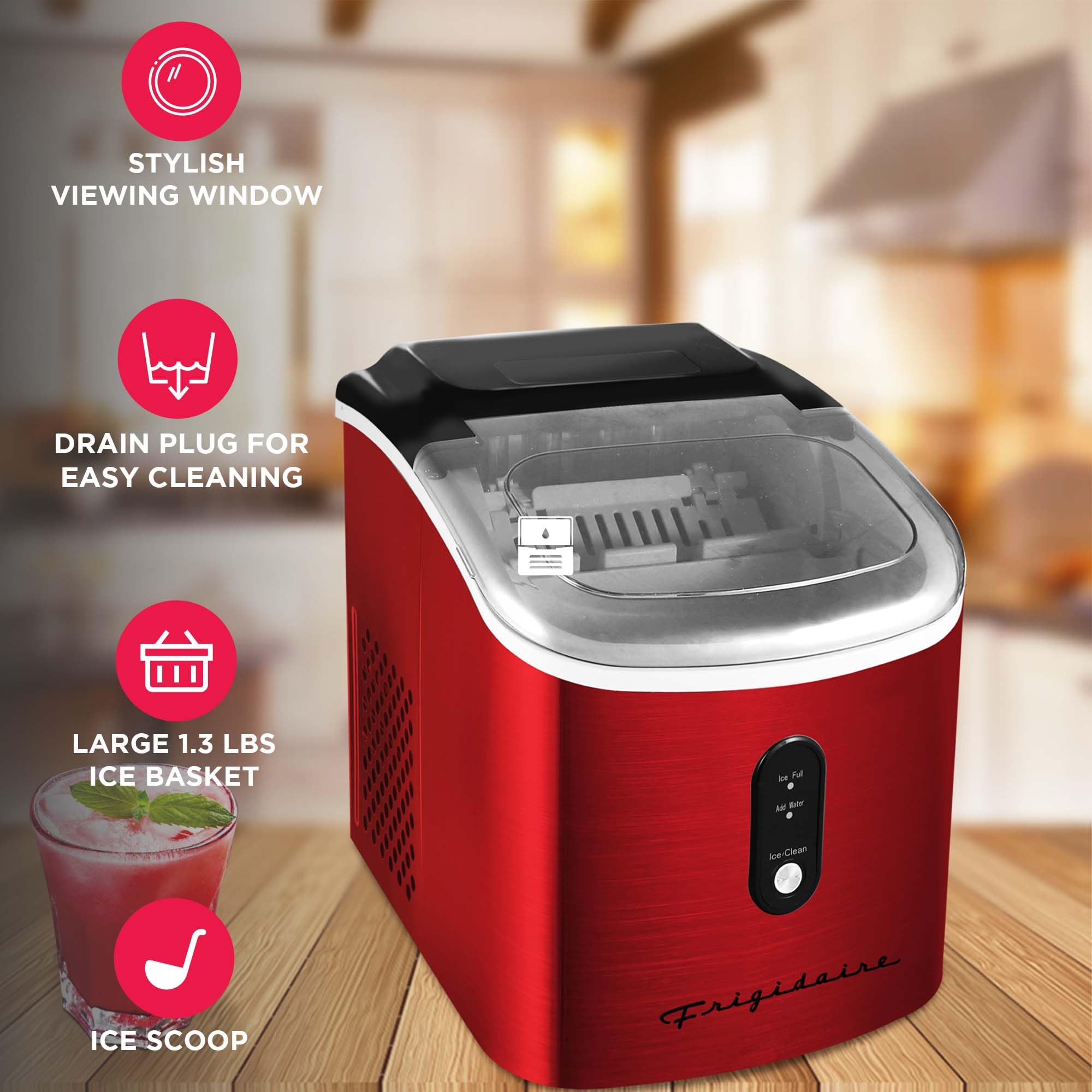 Frigidaire EFIC103-AMZ-SC Counter Top Maker with Over-Sized Ice Bucket, Stainless Steel, Self Cleaning Function, Heavy Duty, Stainless