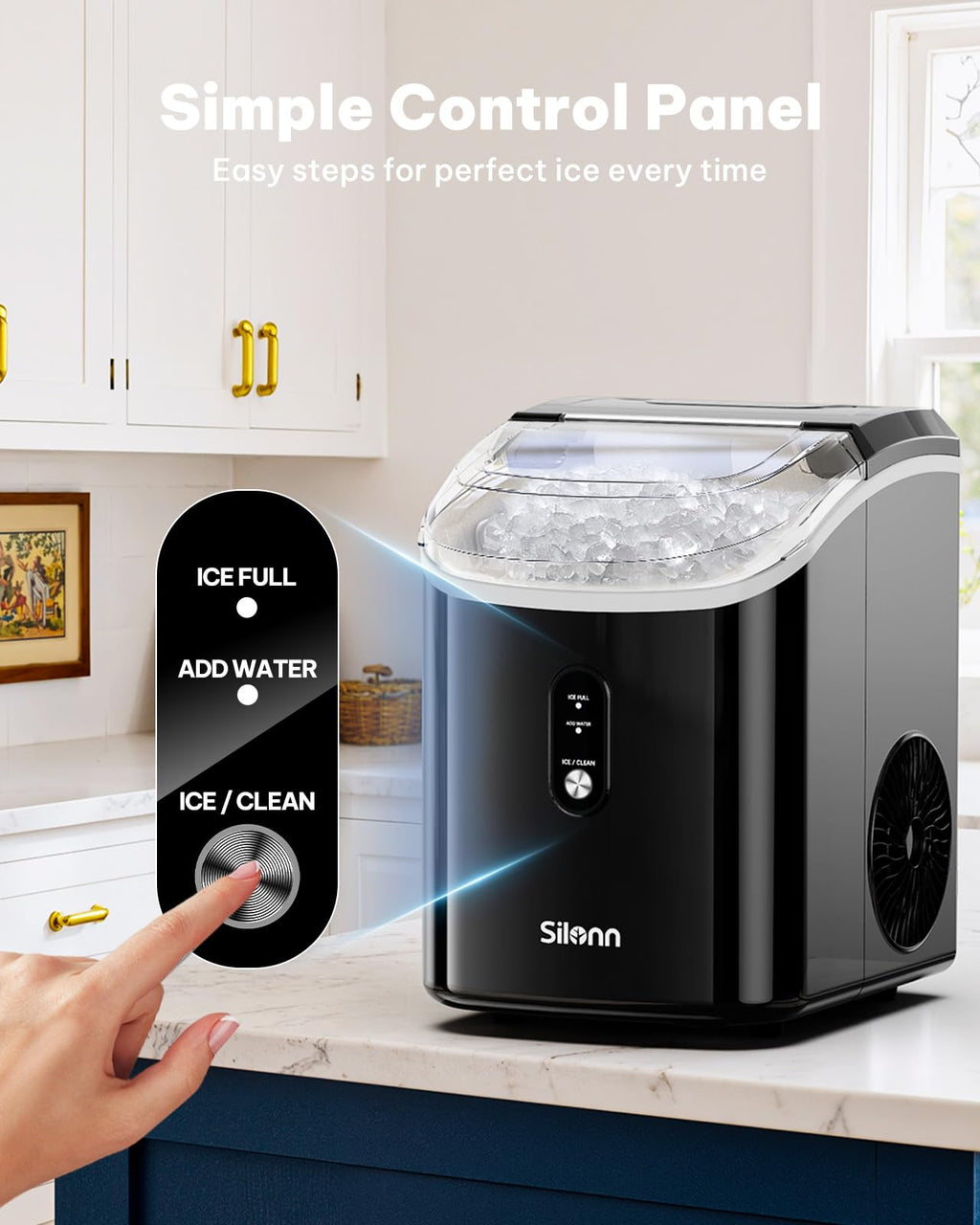Silonn Nugget Ice Maker Countertop, Pellet Ice Machine with Self-Cleaning Function, Sonic Ice Maker Produces 36lbs of Chewable Ice in 24 Hours, Ideal for Home Kitchen and Office (Black)