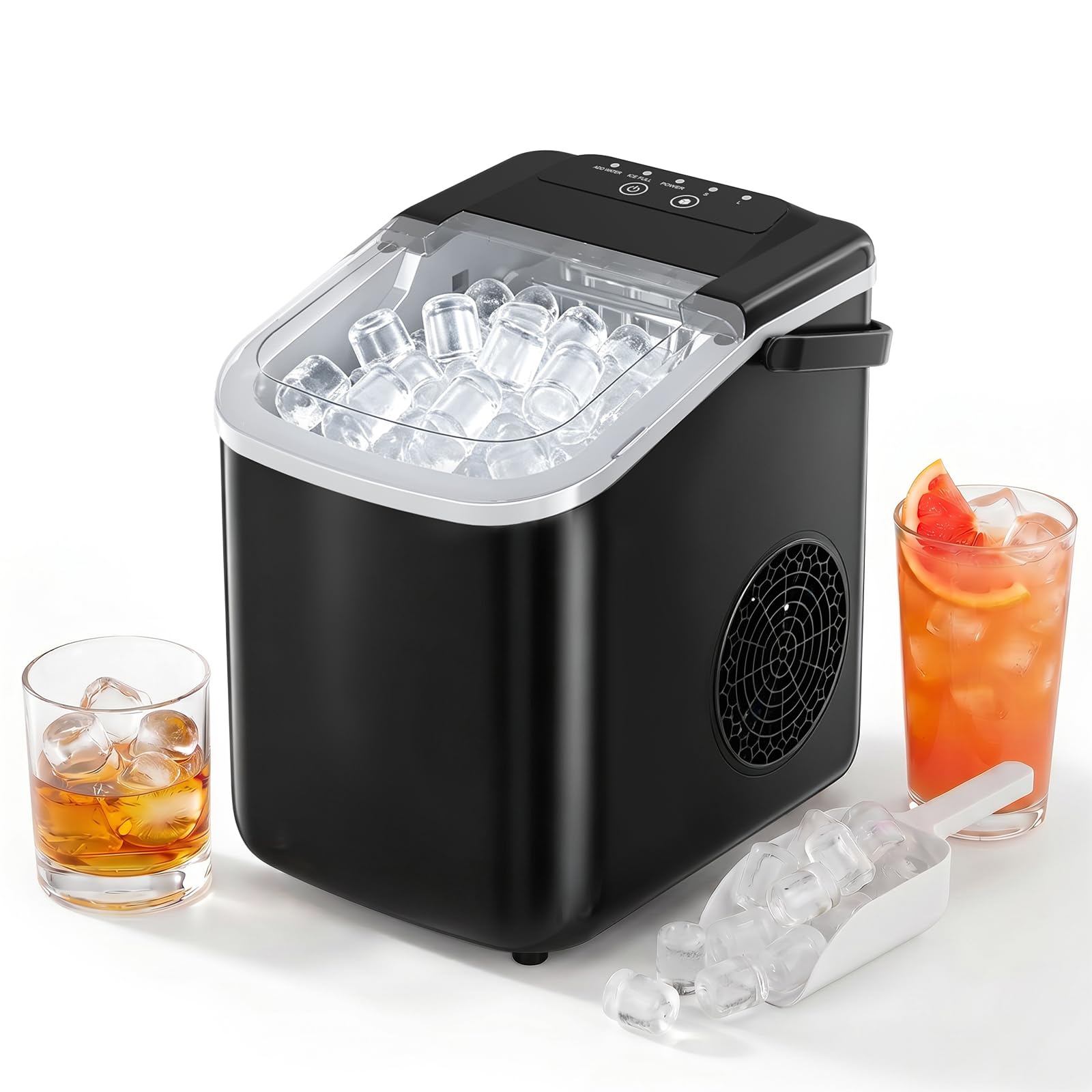 Countertop Ice Maker, Portable Ice Machine with Carry Handle Basket and Scoop, 9 Bullet Cubes Ready in 6 Mins, 26lbs Daily, Self-Cleaning for Home, Kitchen, Camping, RV