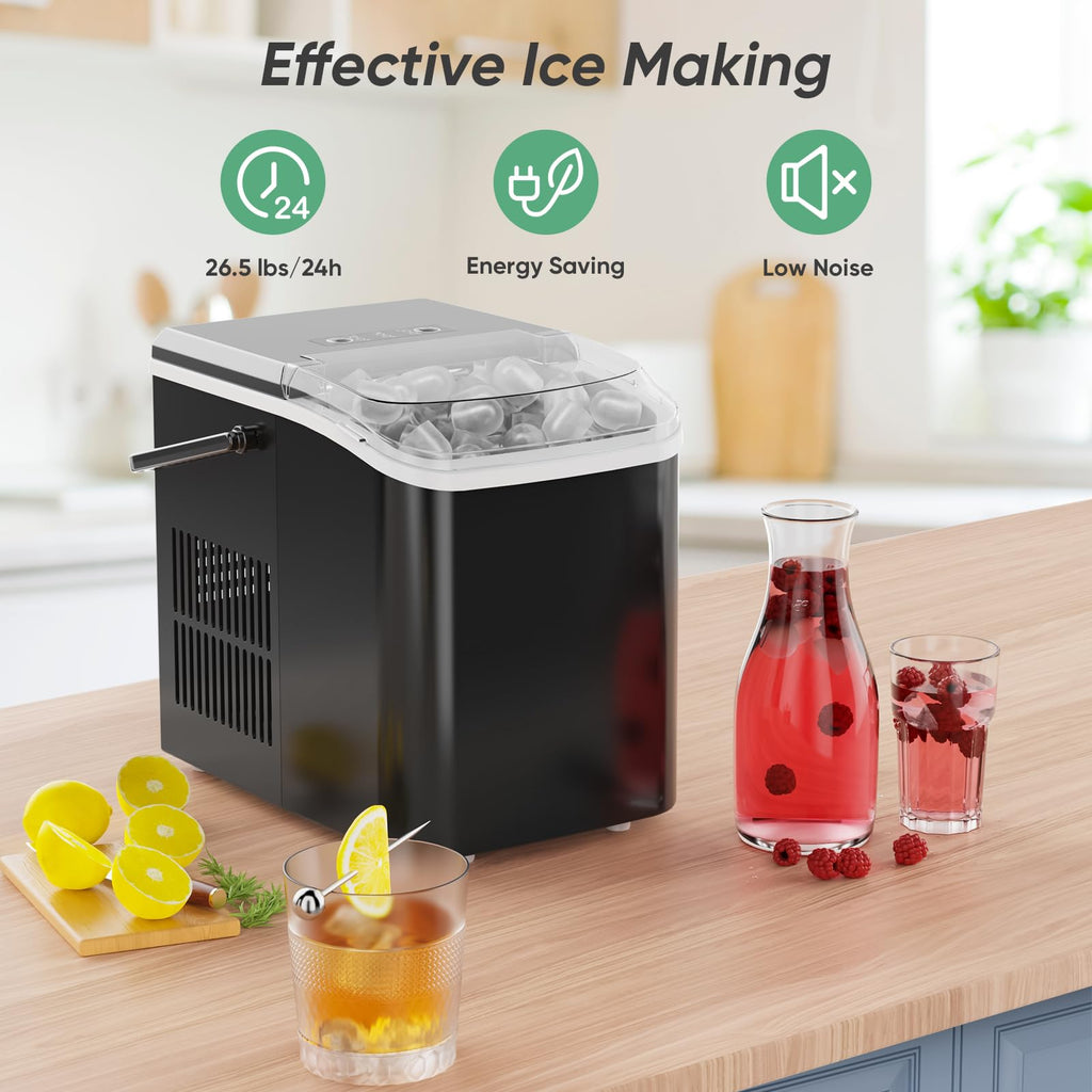 DUMOS Countertop Ice Maker with Handle, 26lbs/24H Portable Ice Machine | 9 Bullet Cubes Ready in 6 Mins, Self-Cleaning, Quiet Compact for Home, Kitchen, RV, Camping, Bright Black