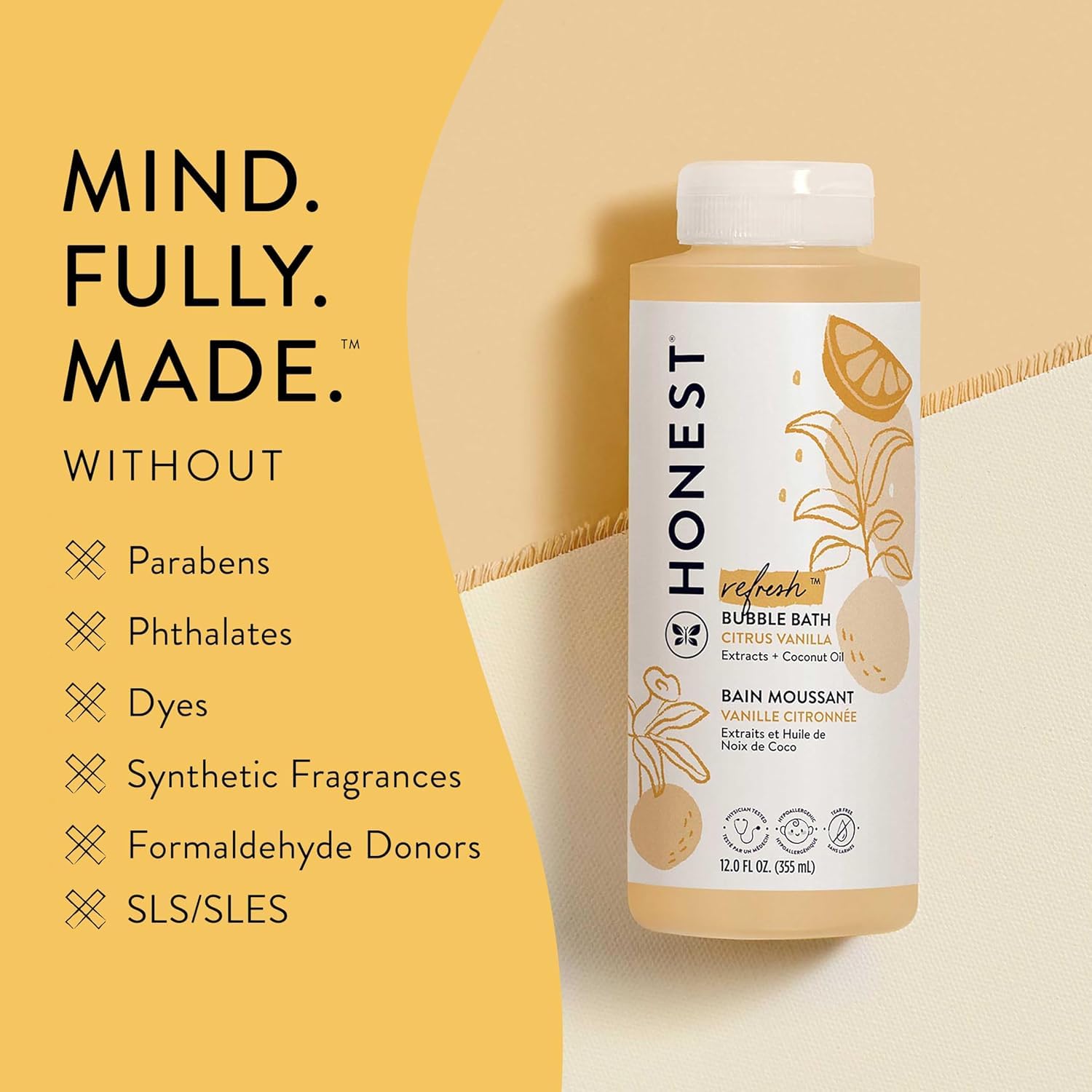 The Honest Company Foaming Bubble Bath, Naturally Derived, Tear-free, Hypoallergenic, Citrus Vanilla Refresh, 12 fl oz