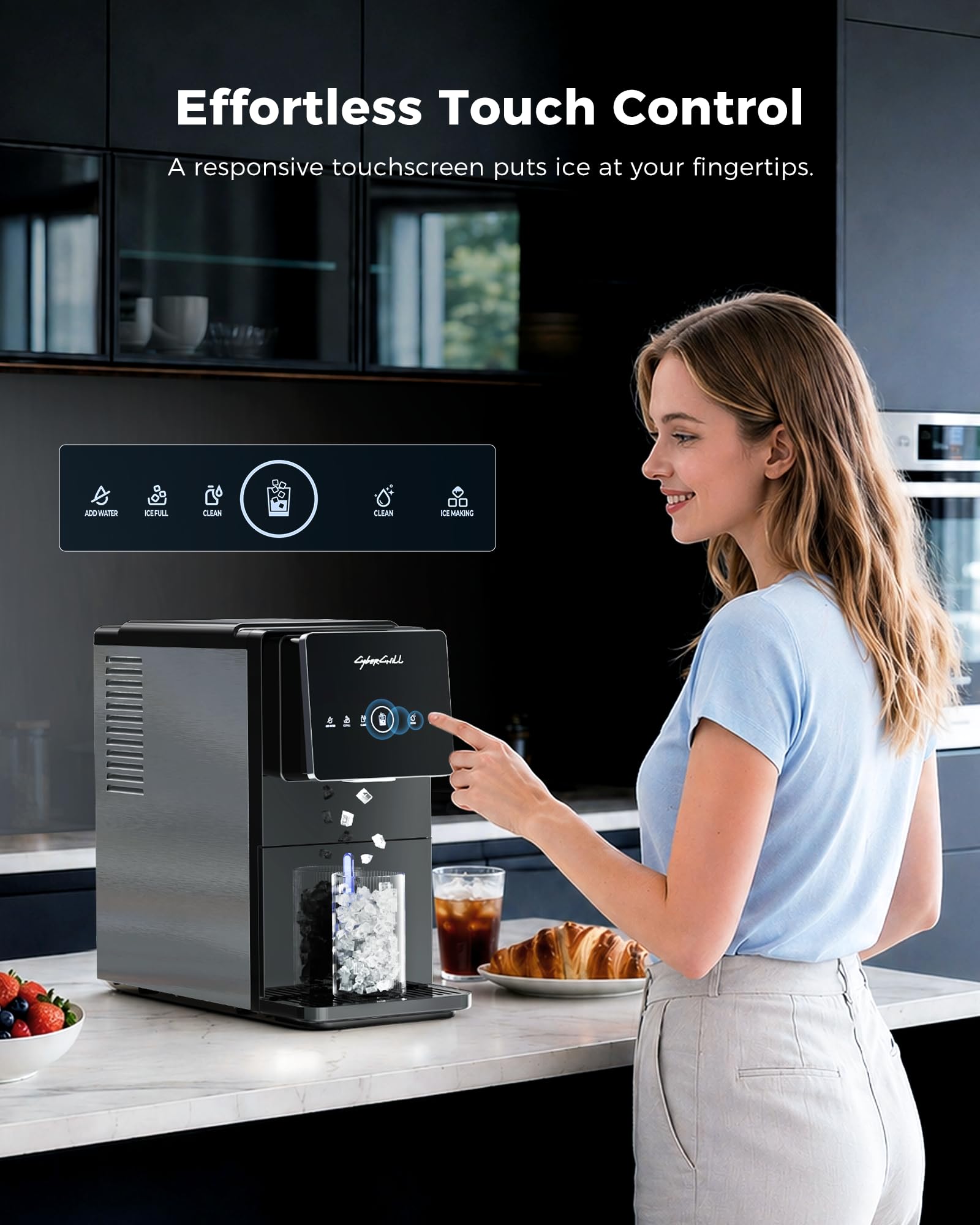 CyberChill Nugget Ice Maker Countertop 44lbs Per Day Pebble Sonic Ice Makers Machine Chewable Pellet Ice with Self-Cleaning Removable Water Tank See Through Window for Home/Kitchen/Office
