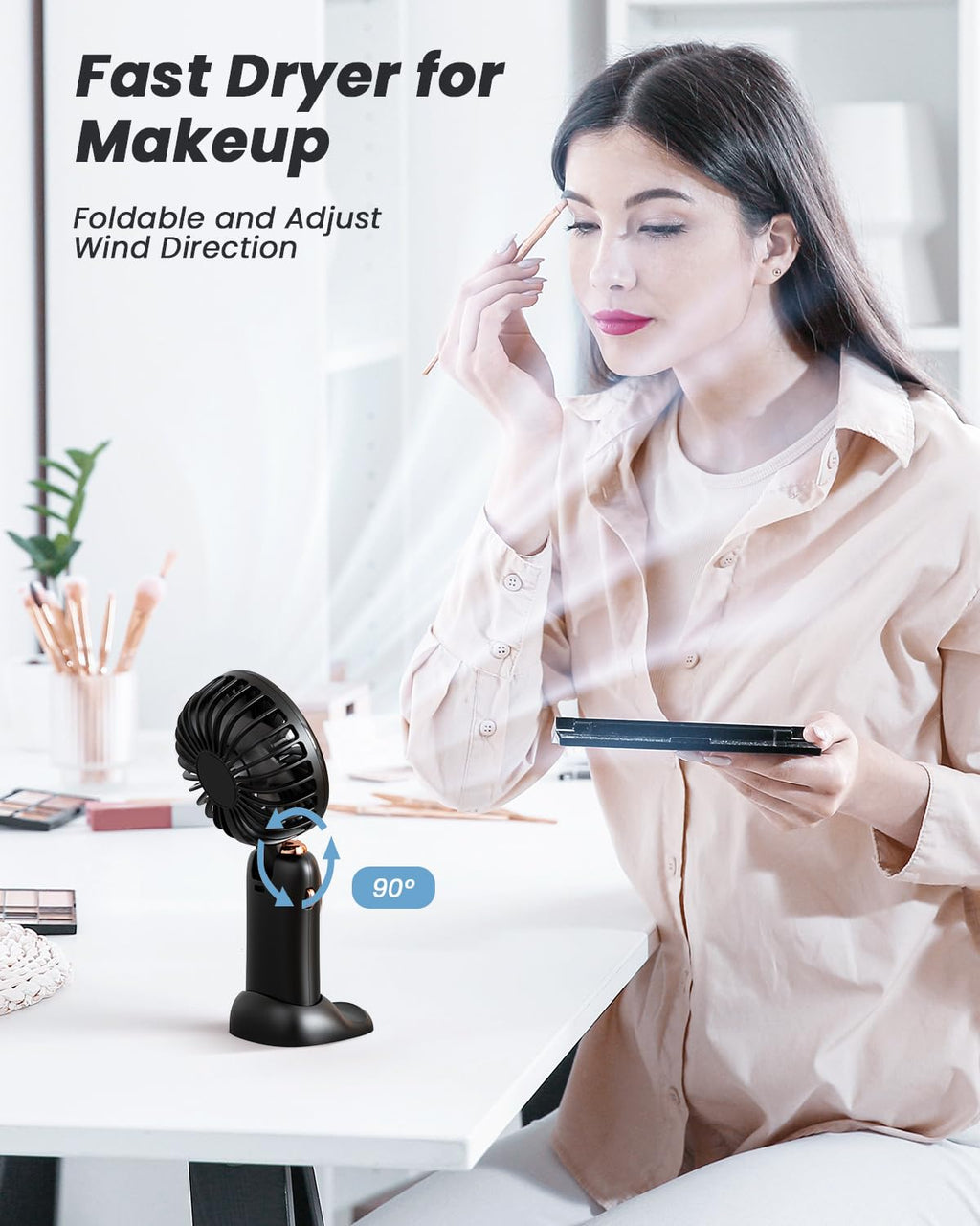 coldSky Portable Handheld Fan, 4000mAh Battery Operated with LED Display, Handheld/Neck/Desk 3 in 1 Personal Small Fan, 90° Foldable Desk Fan with Base, 5 Speed Lash Makeup Fan for Women