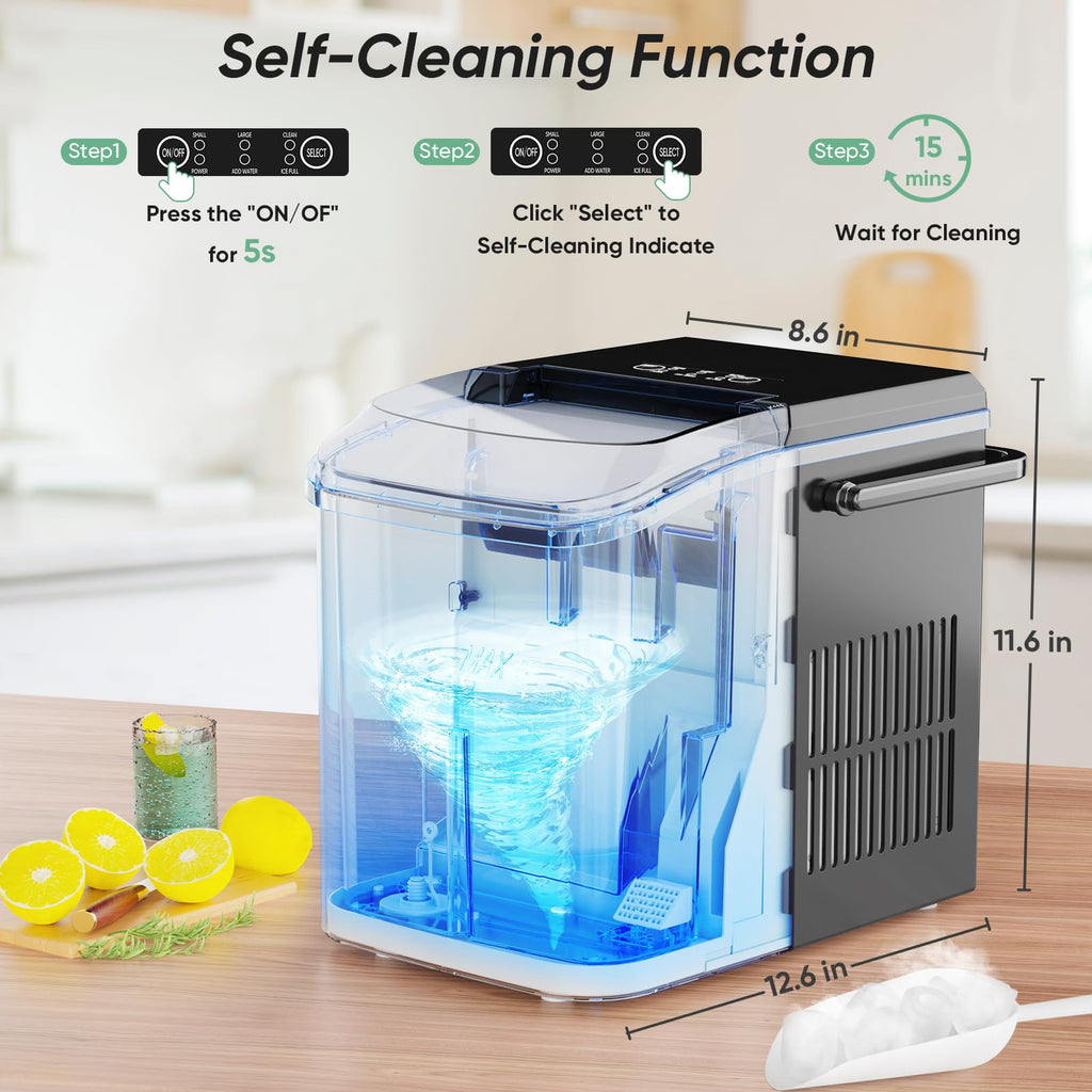 DUMOS Countertop Ice Maker with Handle, 26lbs/24H Portable Ice Machine | 9 Bullet Cubes Ready in 6 Mins, Self-Cleaning, Quiet Compact for Home, Kitchen, RV, Camping, Bright Black