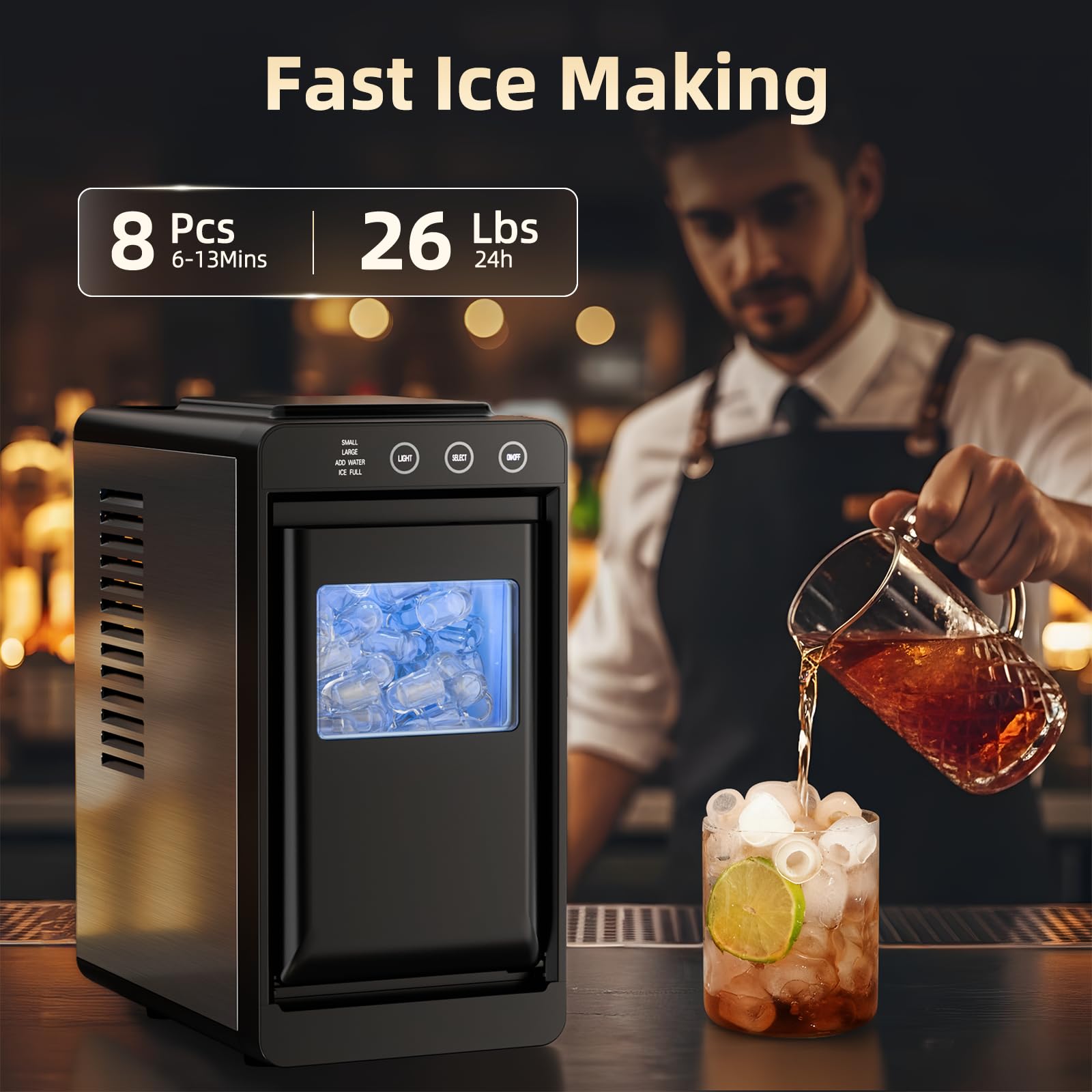 Antarctic Star Ice Maker, Portable Ice Machine with Self-Cleaning Function, 8 Cubes in 6 Mins Fast Countertop Ice Making, Compact Ice Maker for Home, Kitchen, RV, Travel, Matte Black
