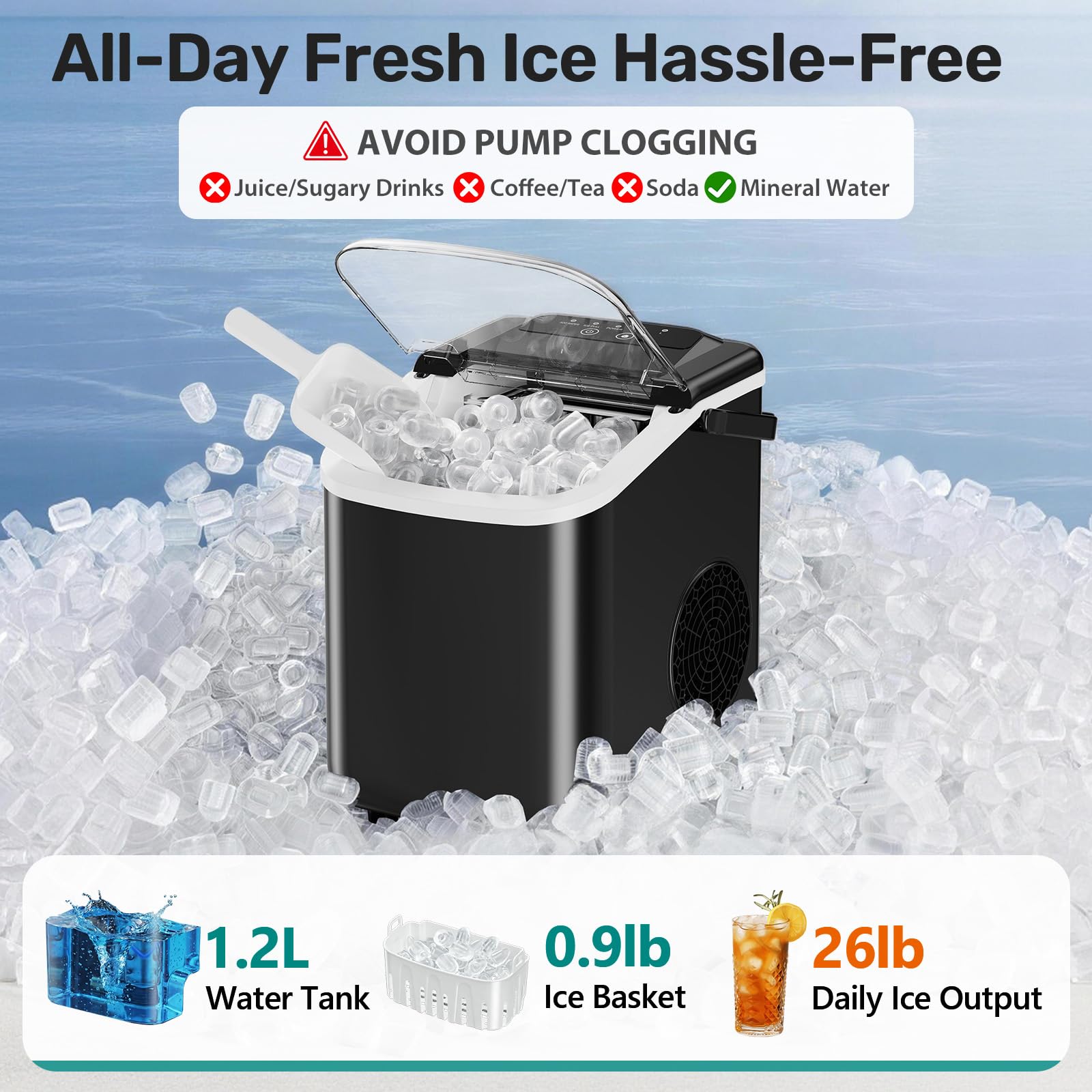OLIXIS Countertop Ice Maker with Self-Cleaning, Portable Ice Maker Machine with Scoop, 26Lbs/24H, 9 Cubes in 6 Mins, 2 Sizes of Bullet for Home, Kitchen, Office, Black