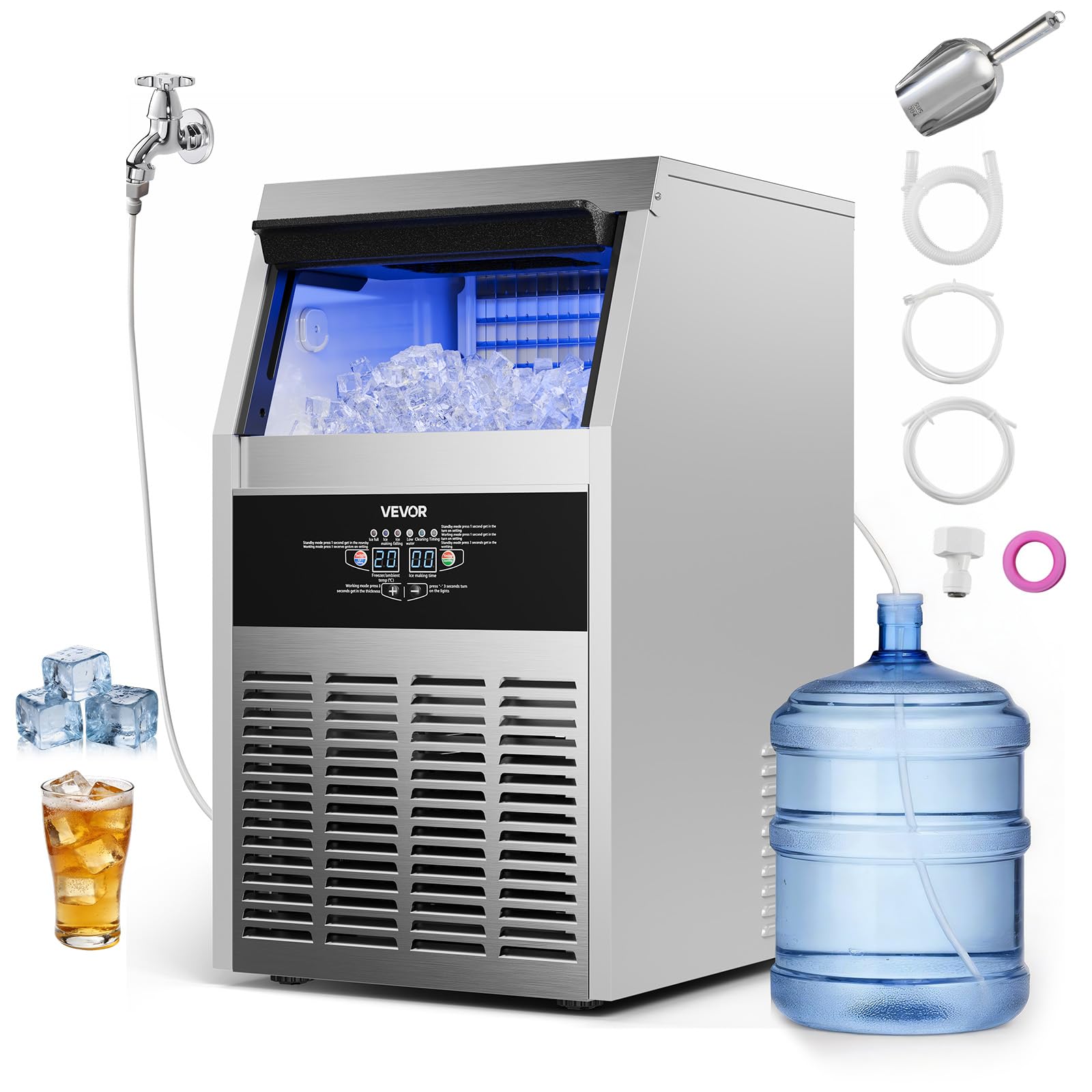 VEVOR Commercial Ice Maker Machine, 80 lbs/24h with 13 lbs Storage Capacity, Countertop/Freestanding/Under Counter, Stainless Steel Ice Maker with LED Display & Self-Cleaning, for Home Bar Restaurant