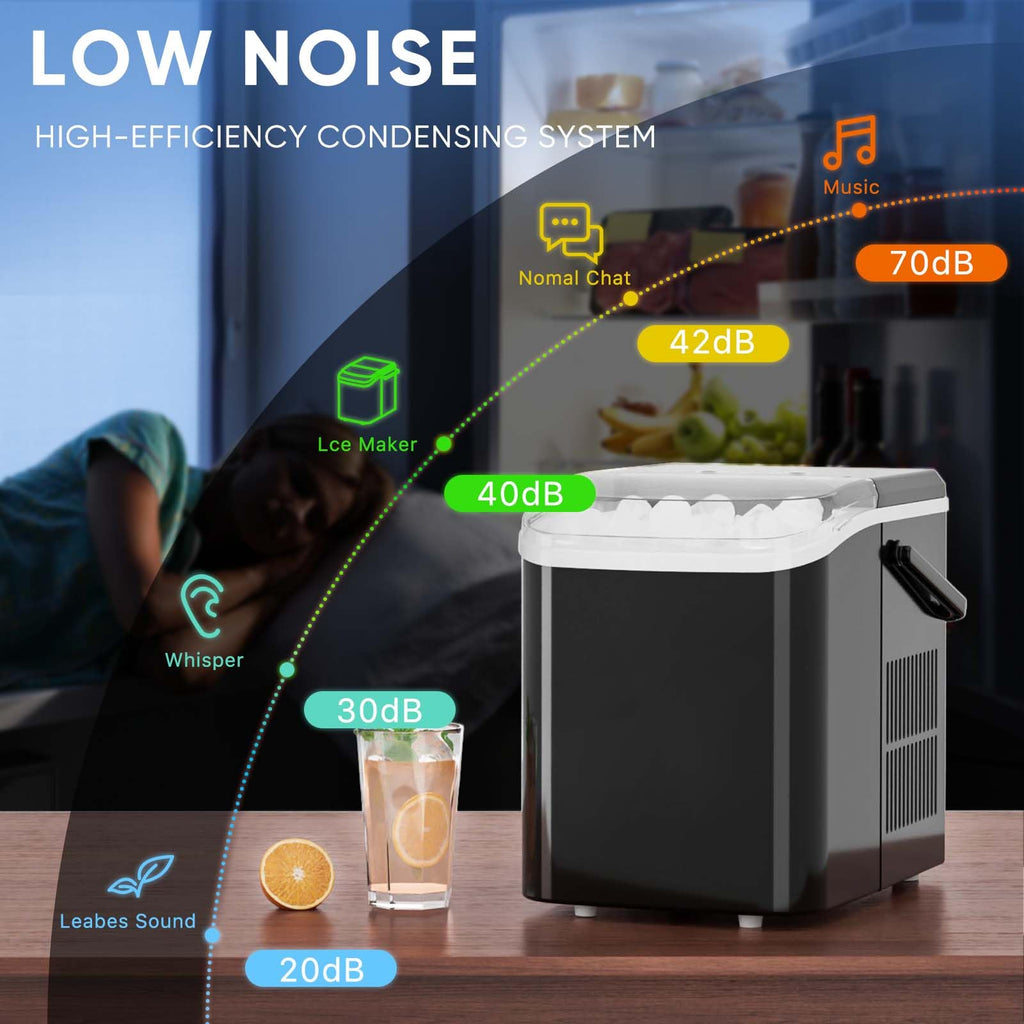 DUMOS Countertop Ice Maker with Handle, 26lbs/24H Portable Ice Machine, 9 Bullet Cubes Ready in 6 Mins, Self-Cleaning, Quiet Compact for Home, Kitchen, RV, Camping, Modern Black