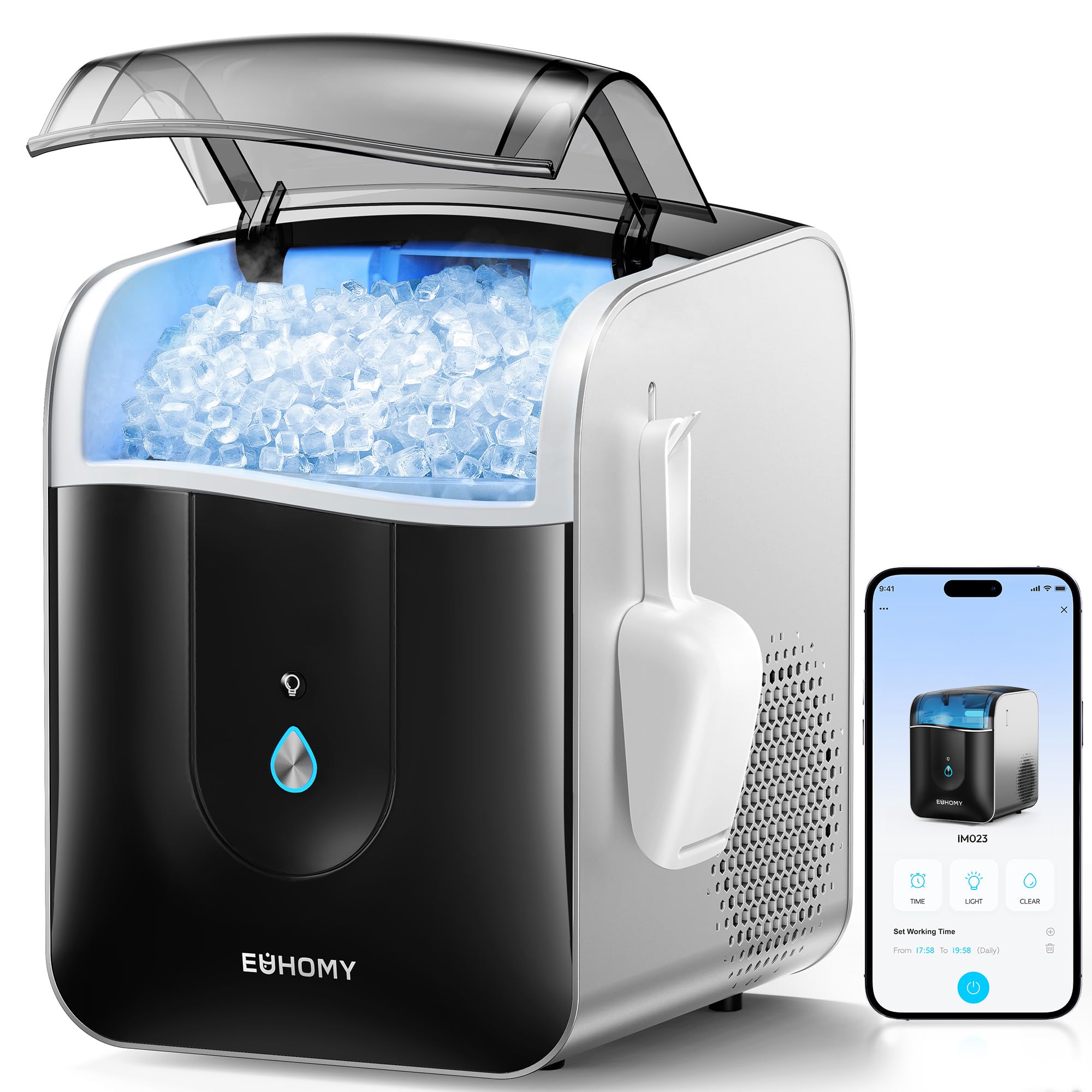 EUHOMY Ice Maker Countertop with Carry Handle, 9 Cubes Ready in 6 Mins, 26.5lbs/24H, Self-Cleaning, 2 Sizes of Bullet Ice with Basket and Scoop, Portable Ice Maker Machine for Home, Kitchen, Office