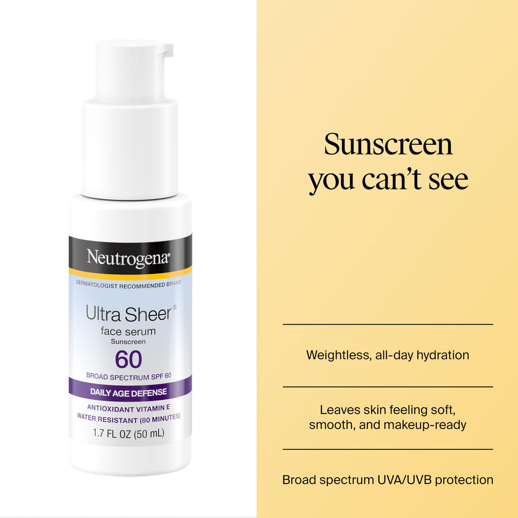 Neutrogena, Ultra Sheer Face Sunscreen with Vitamin E and SPF 60, Sunscreen for Face with Broad Spectrum Uva/Uvb Protection, Fragrance-Free, Oxybenzone-Free, Water-Resistant (80 minutes), 50.3 mL