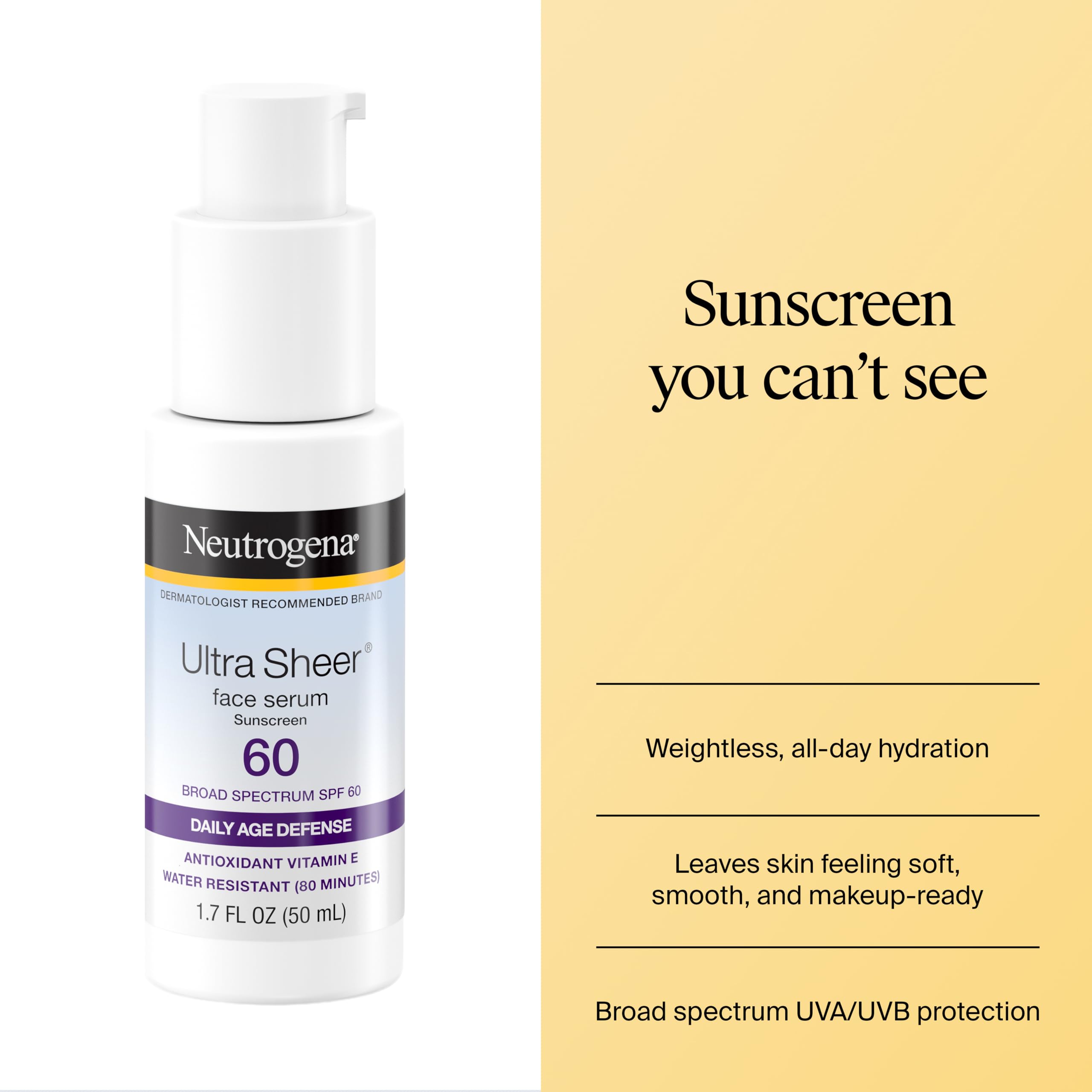 Neutrogena, Ultra Sheer Face Sunscreen with Vitamin E and SPF 60, Sunscreen for Face with Broad Spectrum Uva/Uvb Protection, Fragrance-Free, Oxybenzone-Free, Water-Resistant (80 minutes), 50.3 mL
