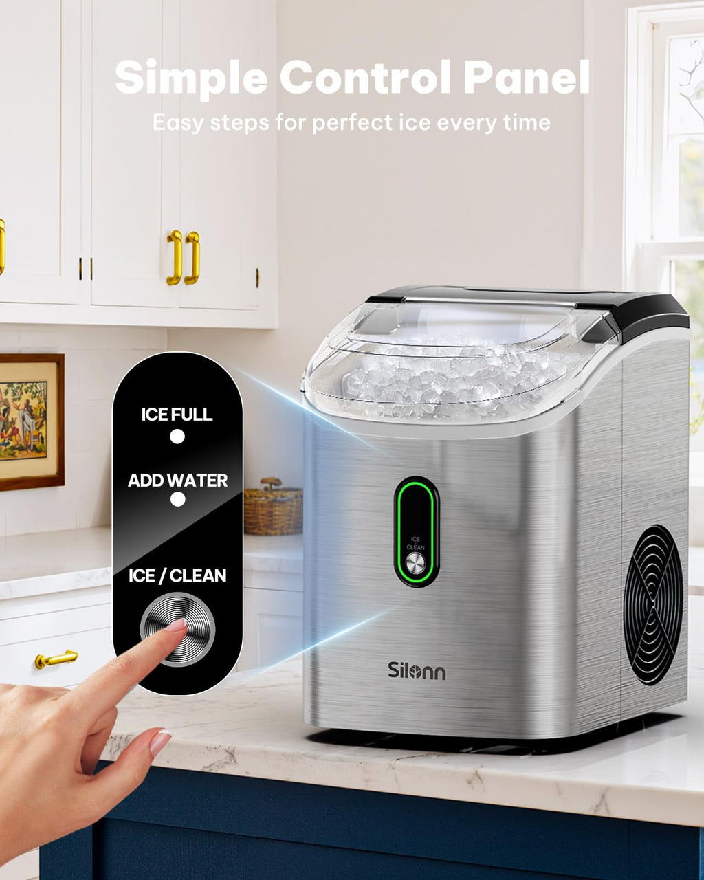 Silonn Nugget Ice Maker Countertop, Pellet Ice Machine with Self-Cleaning Function, Sonic Ice Maker Produces 36lbs of Chewable Ice in 24 Hours, Ideal for Home Kitchen and Office (Black)