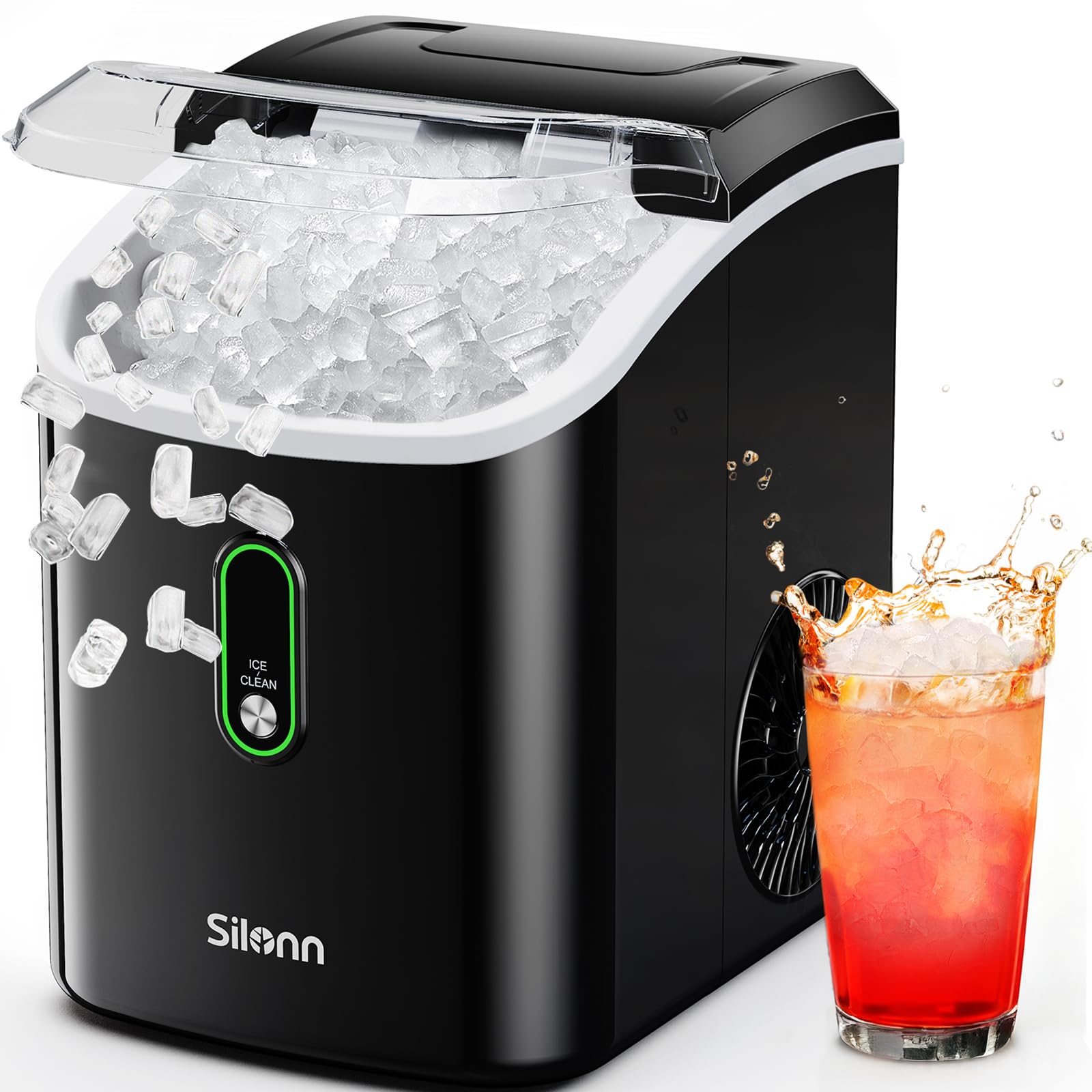 Silonn Nugget Ice Maker Countertop, Pellet Ice Machine with Self-Cleaning Function, Sonic Ice Maker Produces 36lbs of Chewable Ice in 24 Hours, Ideal for Home Kitchen and Office (Black)