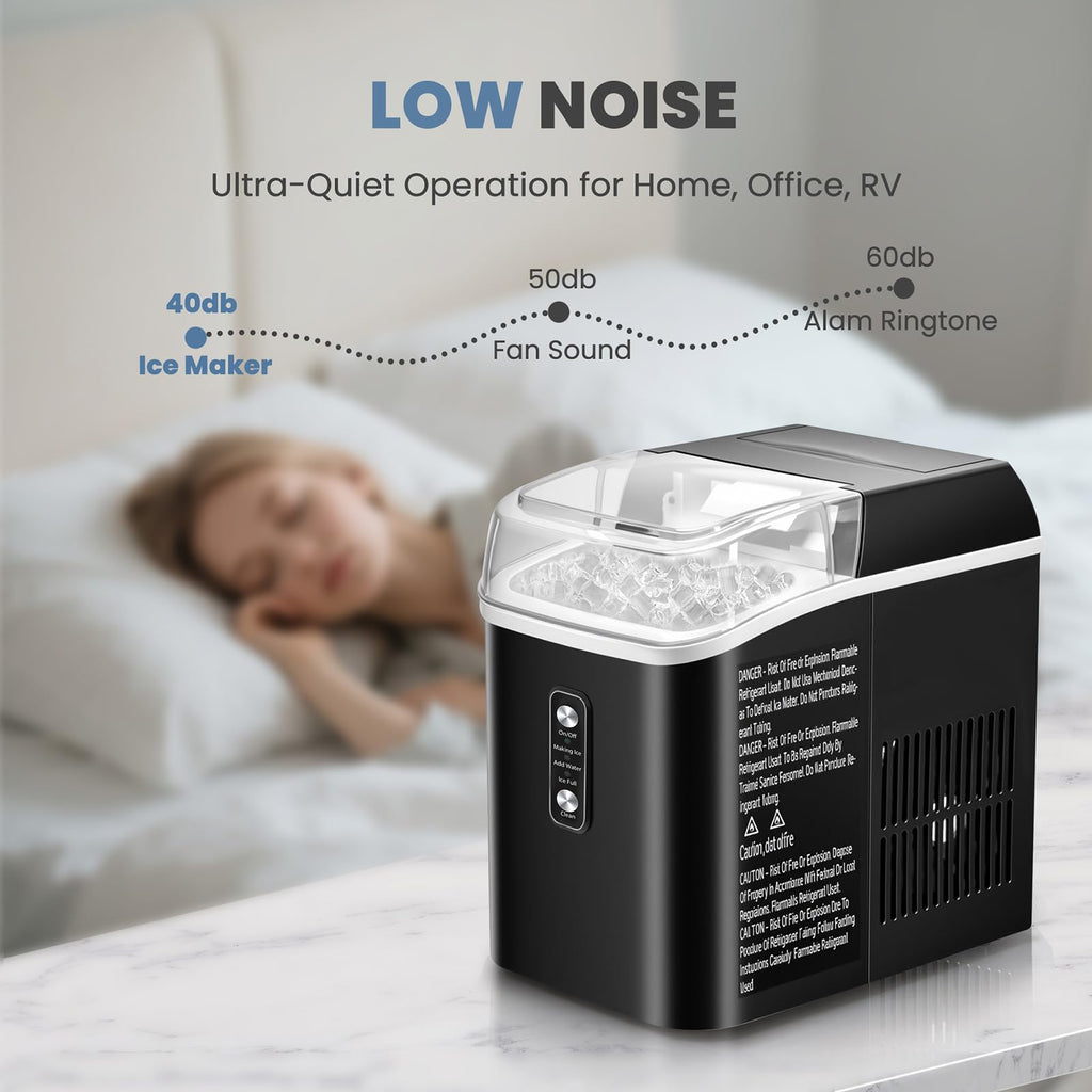 DUMOS Countertop Ice Maker with Handle, 26lbs/24H Portable Ice Machine | 9 Bullet Cubes Ready in 6 Mins, Self-Cleaning, Quiet Compact for Home, Kitchen, RV, Camping, Bright Black