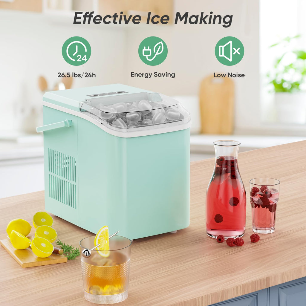 DUMOS Countertop Ice Maker with Handle, 26lbs/24H Portable Ice Machine | 9 Bullet Cubes Ready in 6 Mins, Self-Cleaning, Quiet Compact for Home, Kitchen, RV, Camping, Bright Black
