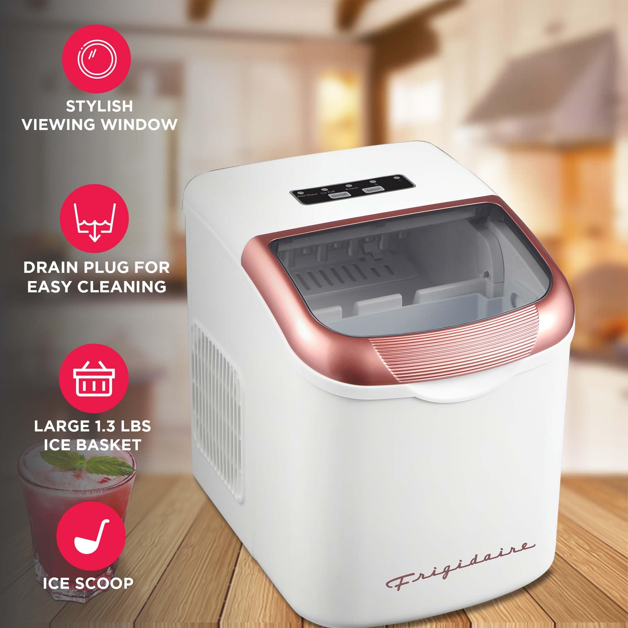 FRIGIDAIRE Retro Compact Ice Maker Machine, Bullet Ice, 26 lb per Day (BlackRoseGold)