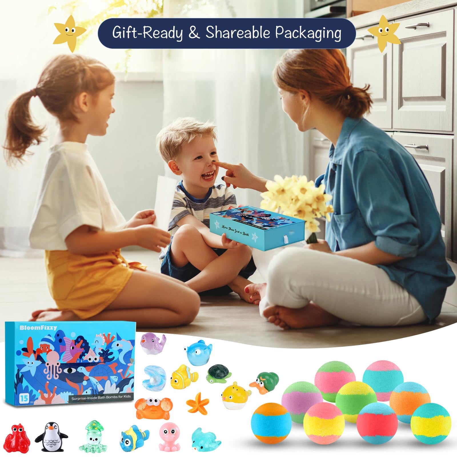 Sea Surprise Bath Bombs for Kids, 15 Pack Organic Fizzy Bath Bombs Gift Set with Hidden Ocean Toys, Gentle & Scented, Kid-Safe & Fun Bath Time, Ideal Christmas Gift & Stocking Stuffer for Kids