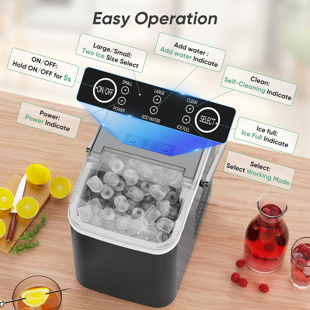 DUMOS Countertop Ice Maker with Handle, 26lbs/24H Portable Ice Machine | 9 Bullet Cubes Ready in 6 Mins, Self-Cleaning, Quiet Compact for Home, Kitchen, RV, Camping, Bright Black