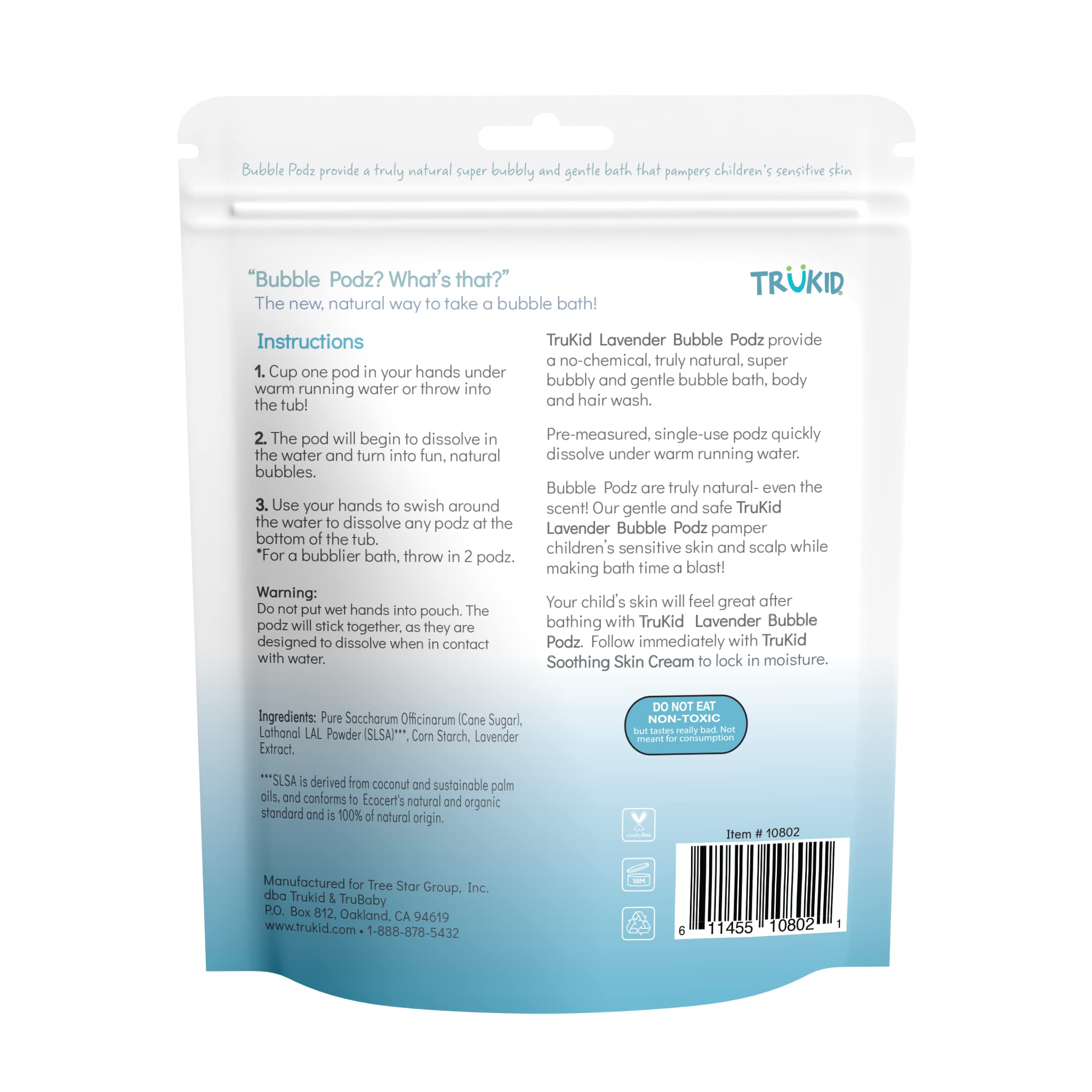 TruKid Bubble Podz Bubble Bath for Kids, Toddlers, & Babies, Tear Free Gentle & Refreshing Bath Bomb for Sensitive Skin with Natural Moisturizers, Non-Toxic, pH Balanced, Lavender Scent (10 Podz)