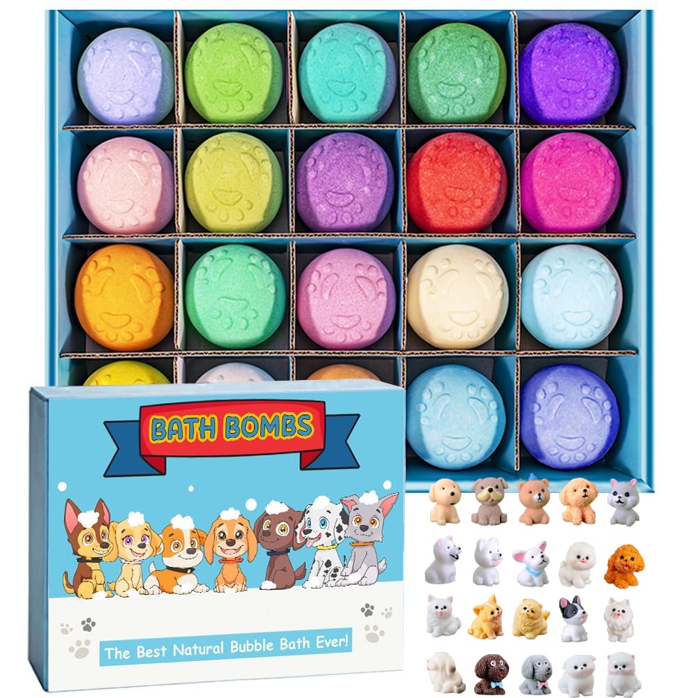 Bath Bombs for Kids with Surprise Inside for Girls Boys Toddlers, 20 Pack Organic Kids Bath Bombs with Puppy Dolls Inside, Kids Safe Handmade Bubble Bath Fizzies, Ideal Birthday Christmas Gift Set